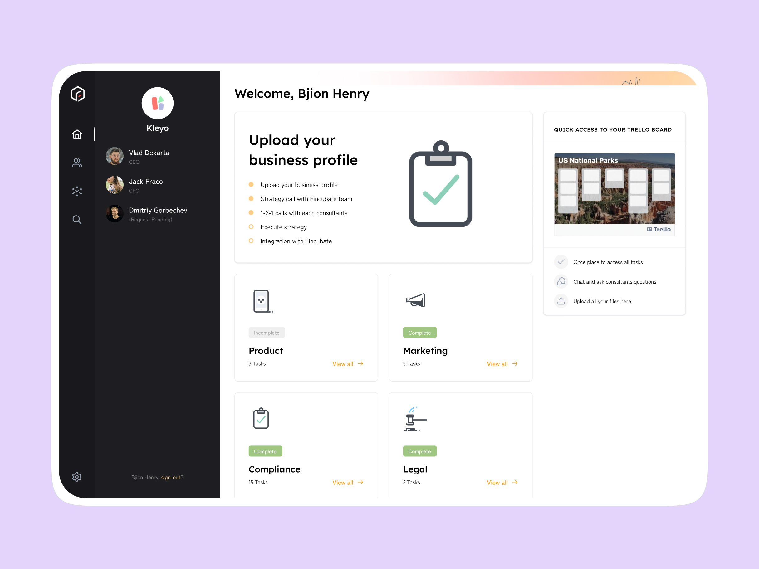 Founder home screen with a five-step onboarding checklist and category task cards for Product, Marketing, Compliance and Legal