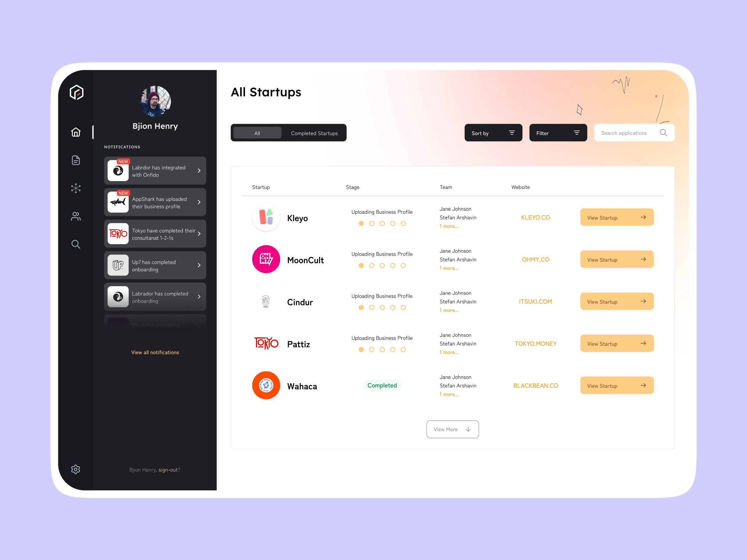 Admin dashboard showing a table of startups, their programme stage as a row of dots, assigned team and website