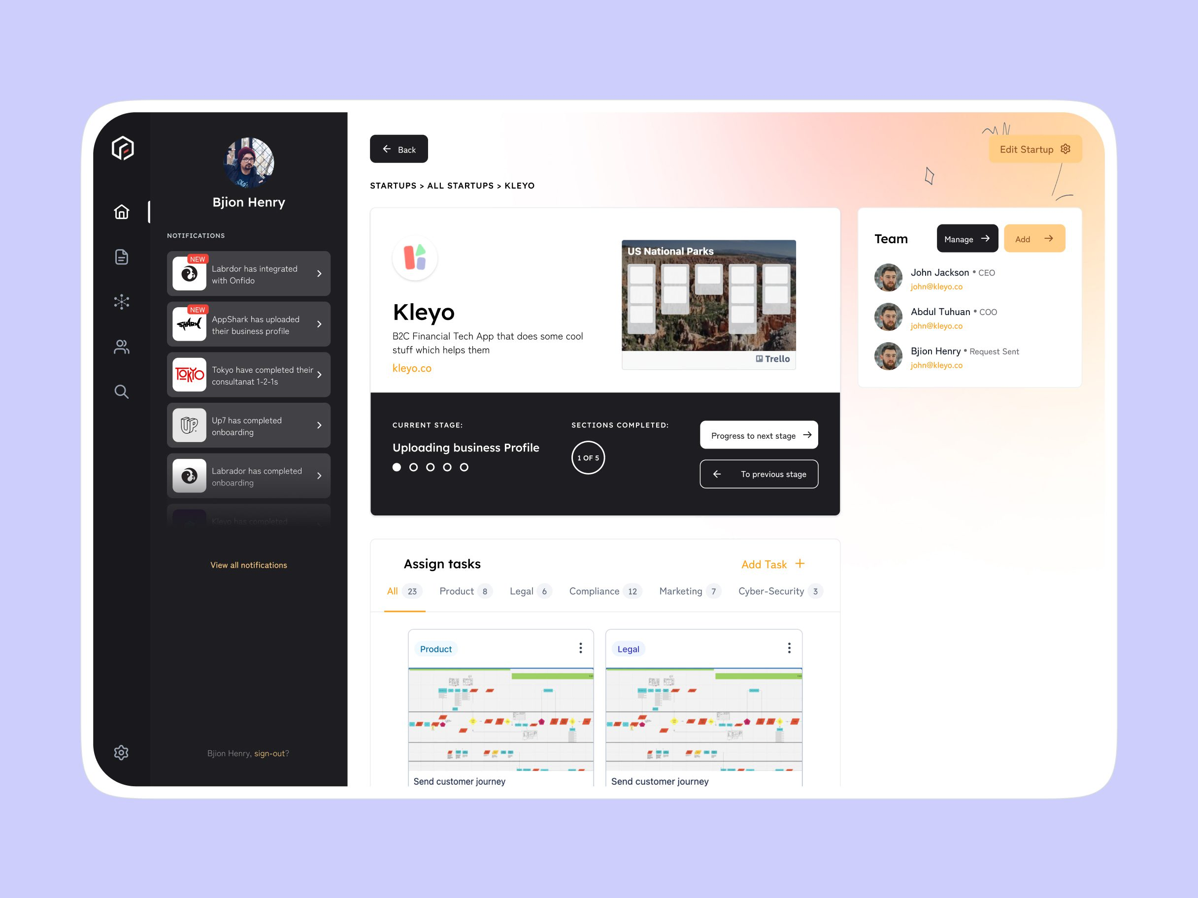 Admin view of a single startup, Kleyo, showing its current stage, team, linked Trello board and a task board split by department