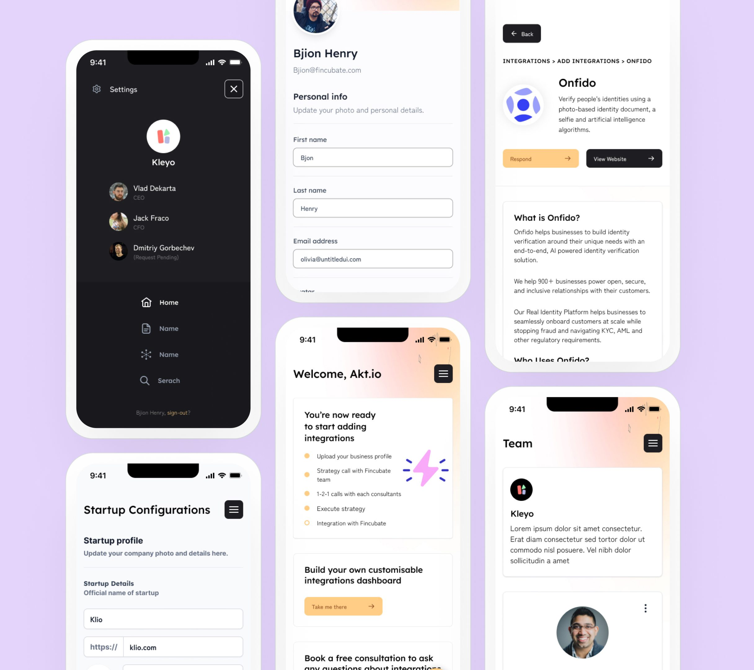 Five mobile screens: account settings, a personal info form, an integration detail page for Onfido, a mobile welcome checklist for a different startup, and the team screen