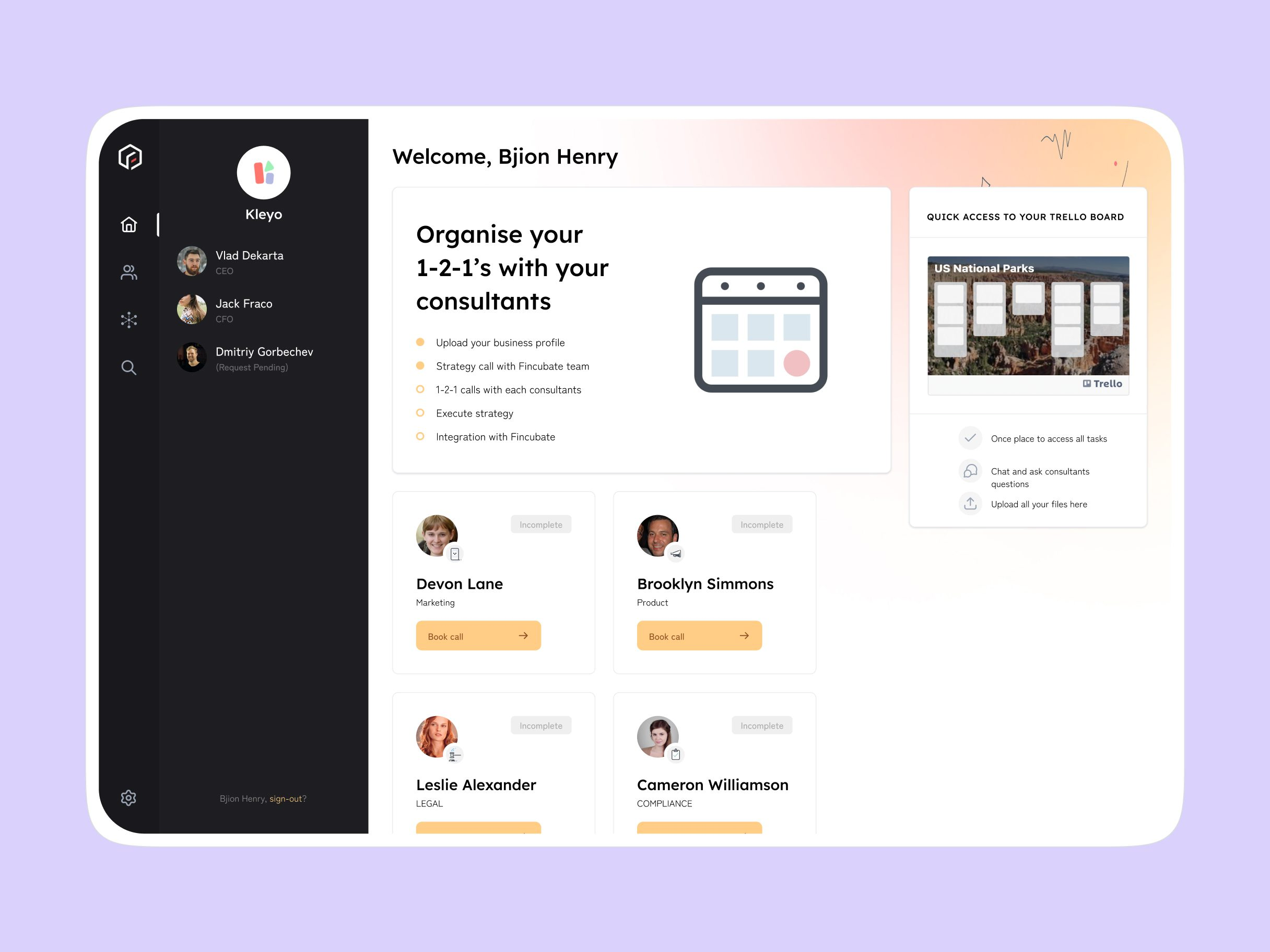 Founder dashboard showing consultant profiles for marketing, product, legal and compliance, each with a Book call button