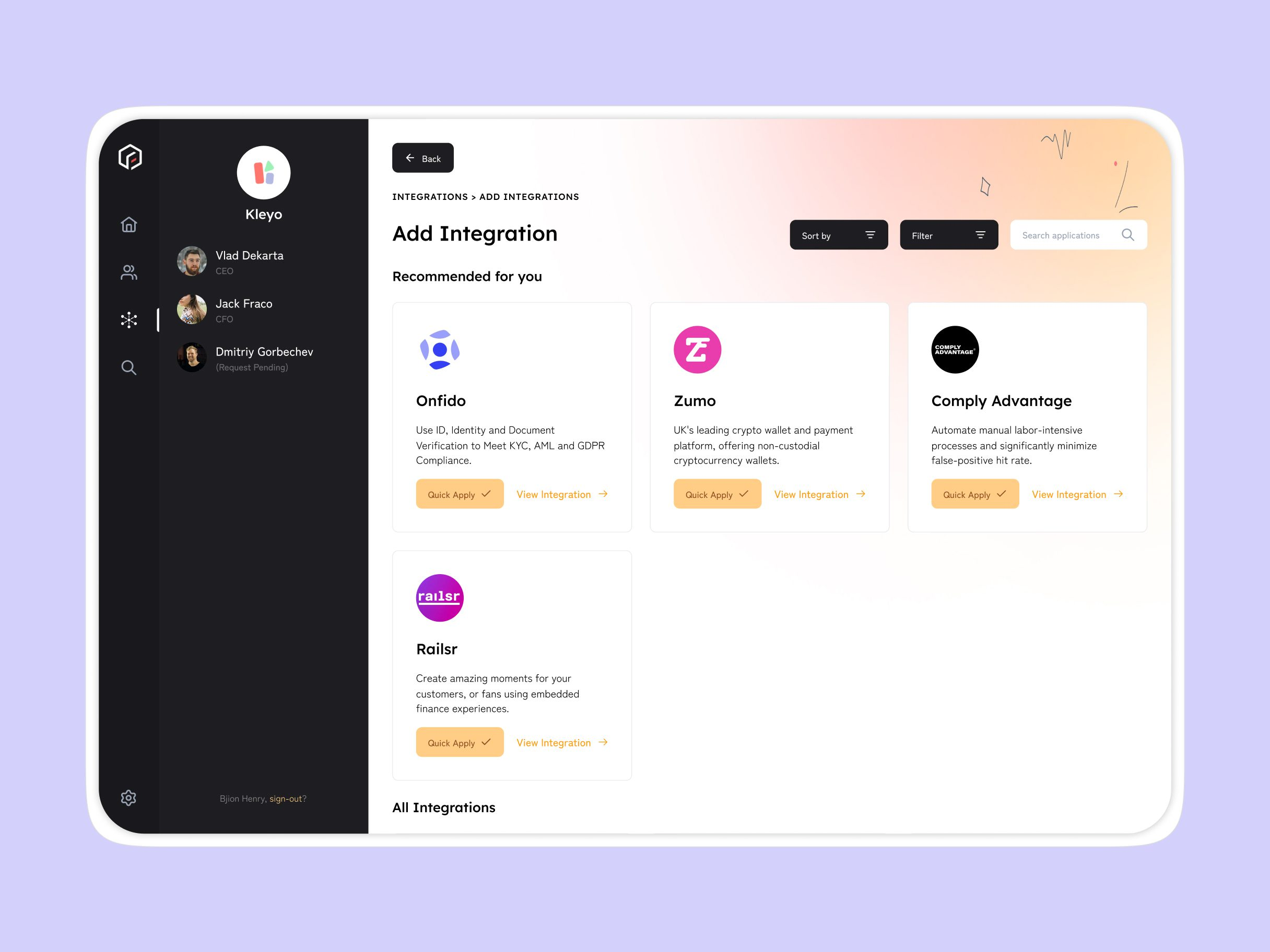 Add Integration screen listing Onfido, Zumo, Comply Advantage and Railsr with descriptions and Quick Apply buttons