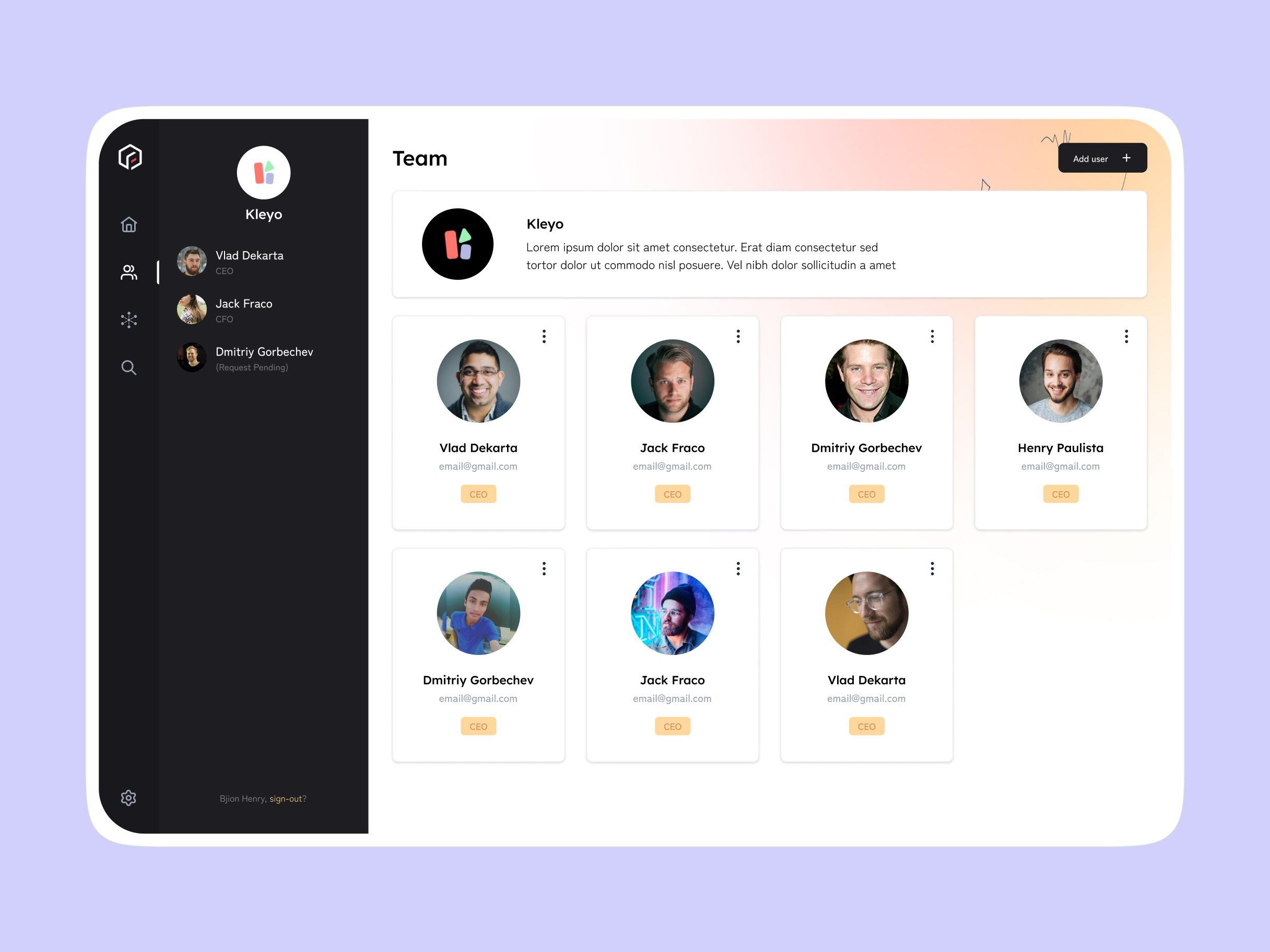 Team screen listing startup members with photo, name, email and a CEO role tag