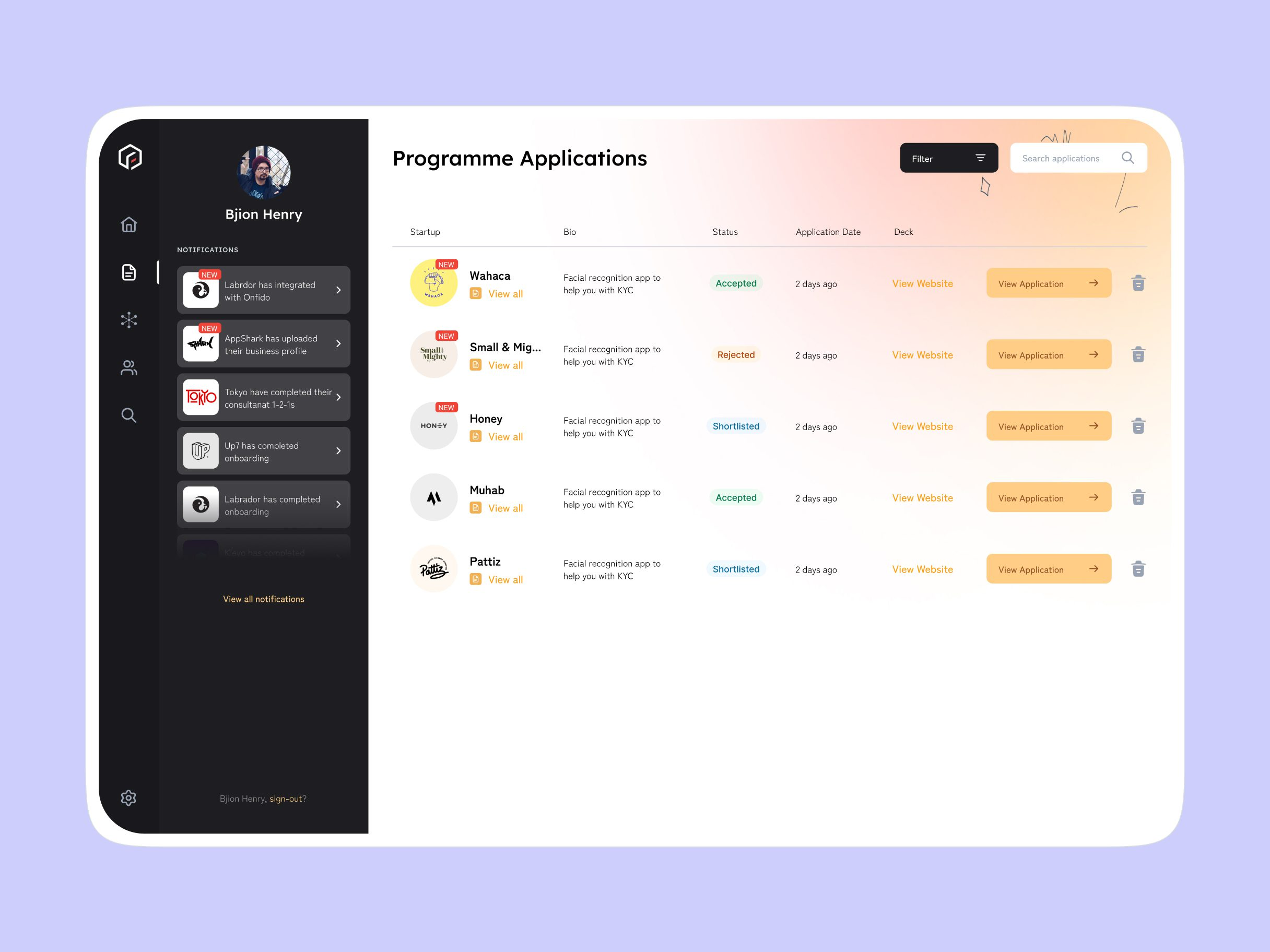 Programme Applications table listing startup applicants with bio, status tag, application date and a link to their deck