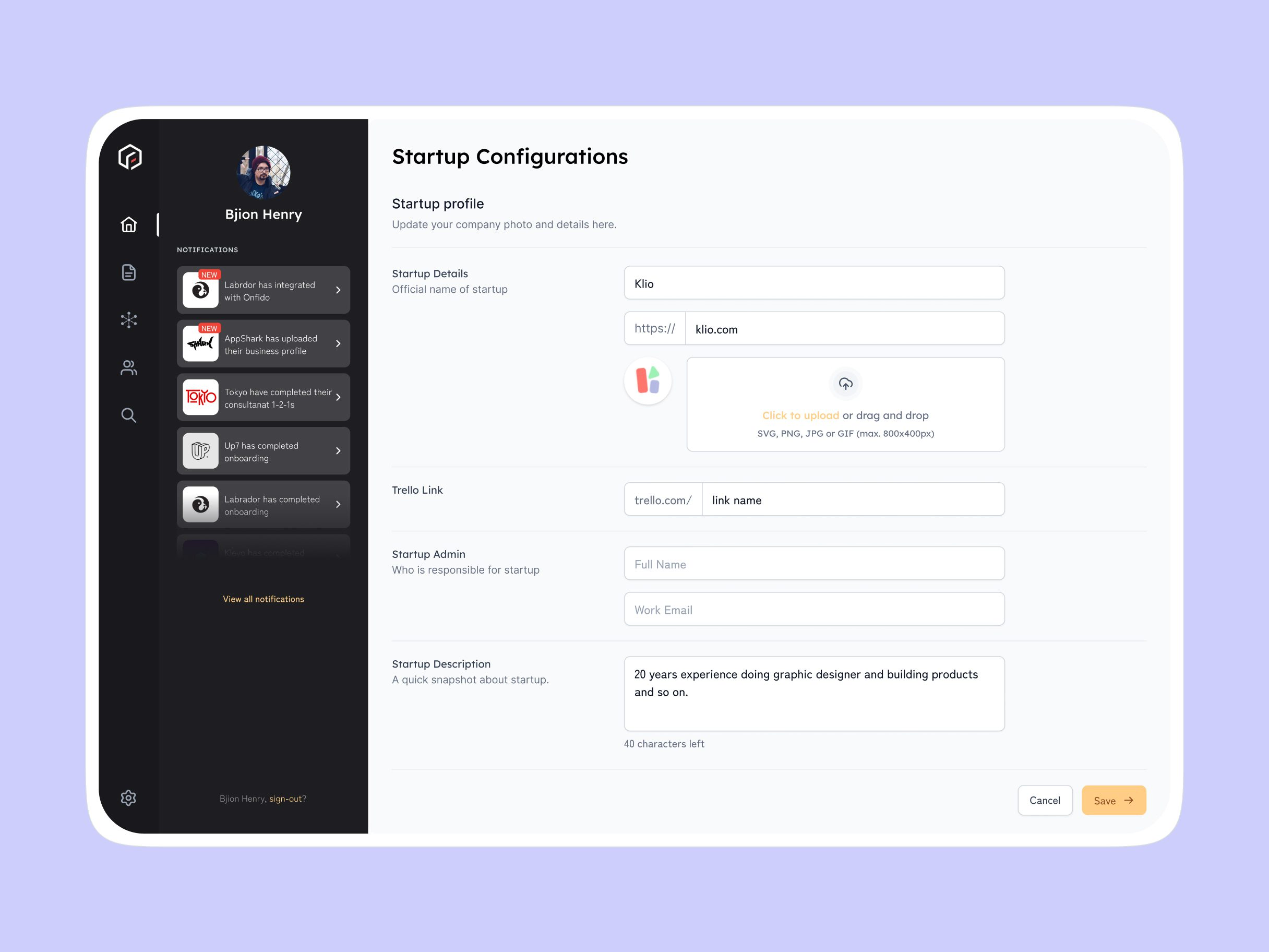 Startup configuration form for editing a startup's name, website, Trello link, admin contact and description