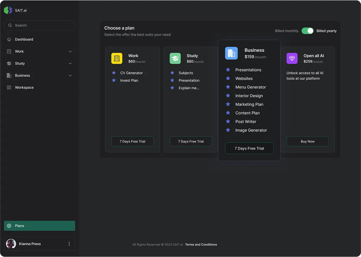 SAIT pricing screen split into Work, Study, Business, and Open all AI tiers, each listing a different set of included generators.