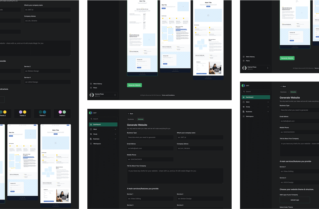 Website builder flow across several screens: the business-details form, a theme picker, and generated page previews on desktop and mobile.