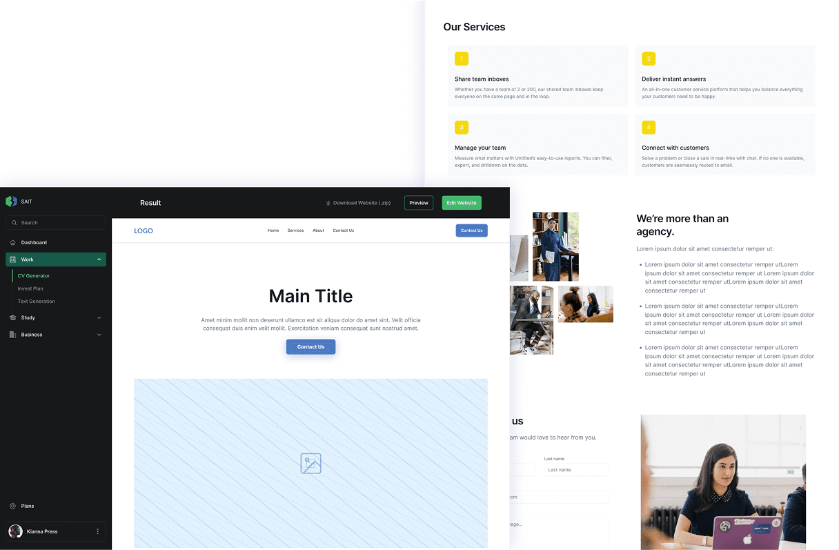 Generated website result screen with options to download the site as a zip, edit it, or preview it, next to an AI-produced page layout.