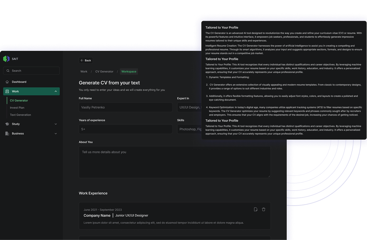 CV Generator form asking for full name, expertise, years of experience, and skills, with work-experience entries below and an AI info panel on the right.