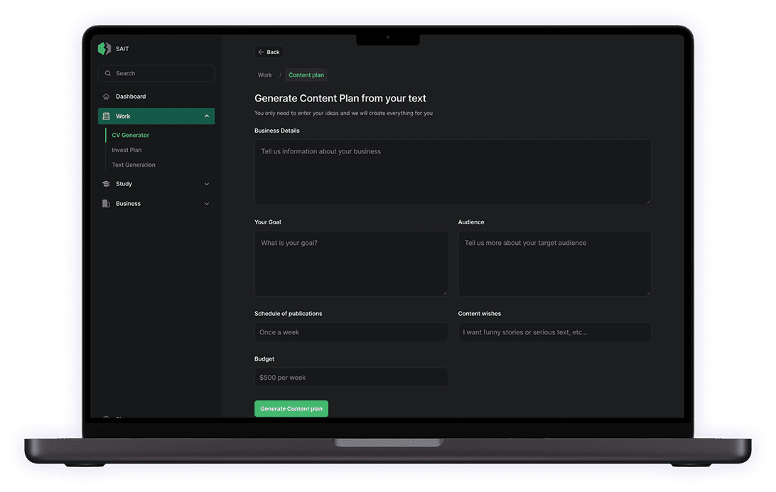 Content Plan generator form asking for business details, goal, audience, publishing schedule, content wishes, and budget, shown on a laptop mockup.