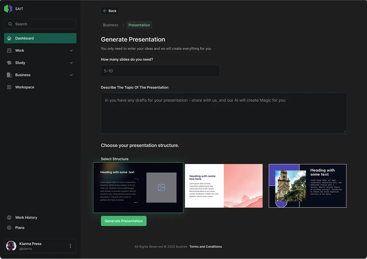 Presentation generator form asking for slide count and topic, with a choice of three slide structure templates shown as thumbnails.