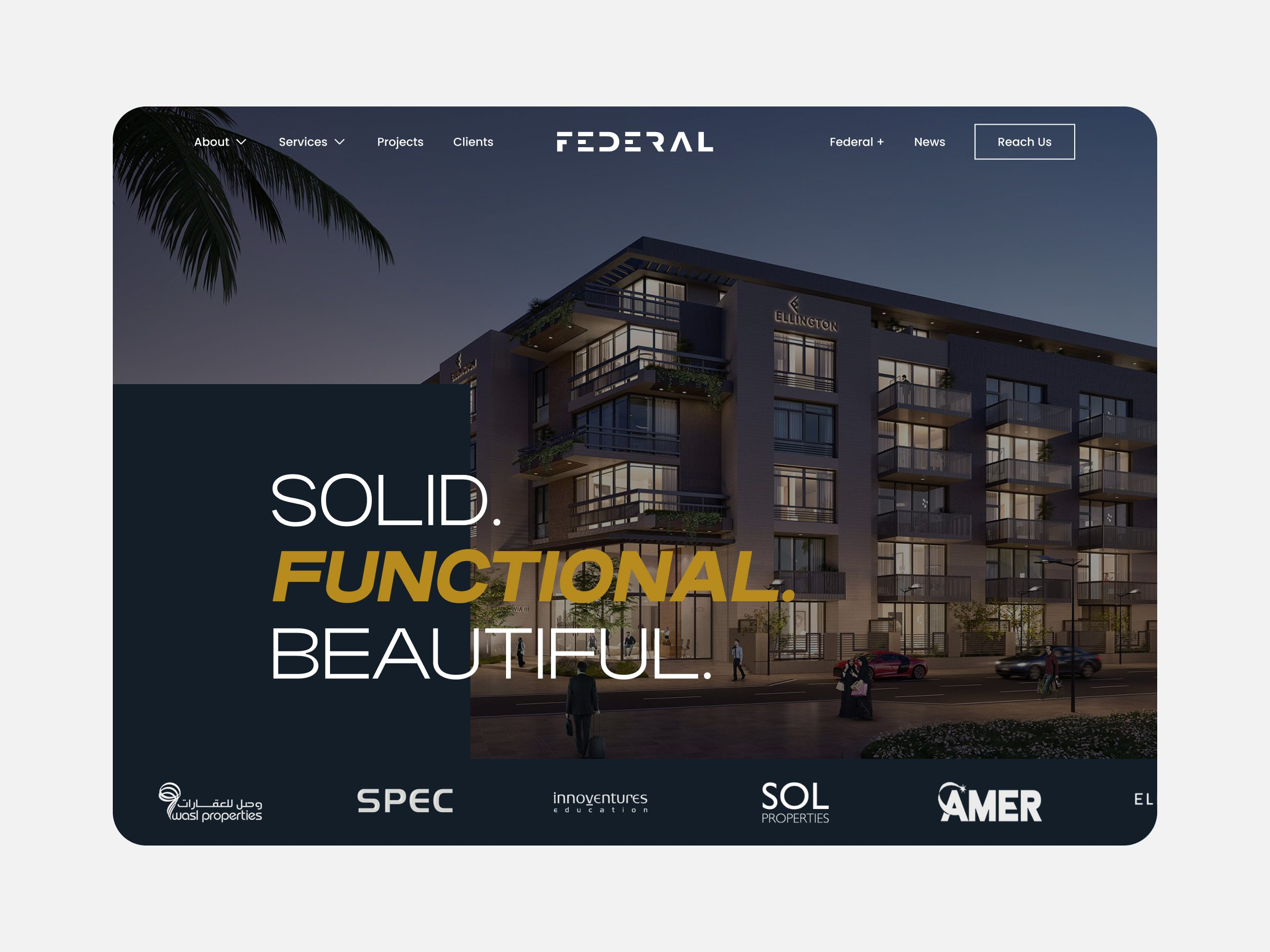 Federal homepage hero: a dusk render of a residential building under the tagline Solid, Functional, Beautiful, with five developer client logos along the bottom edge