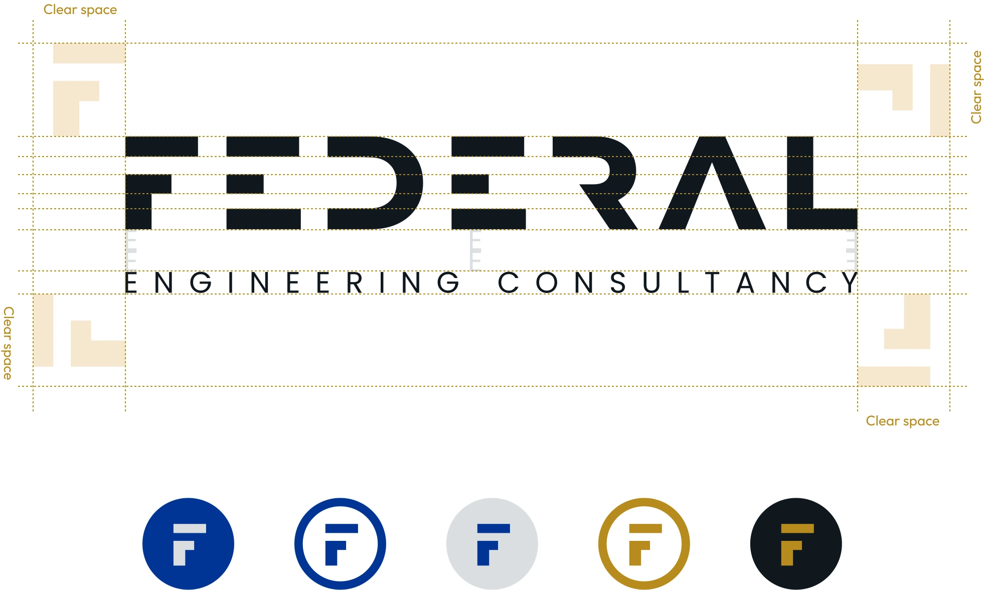 Federal logotype clear-space guidelines and five colour variants of the F mark