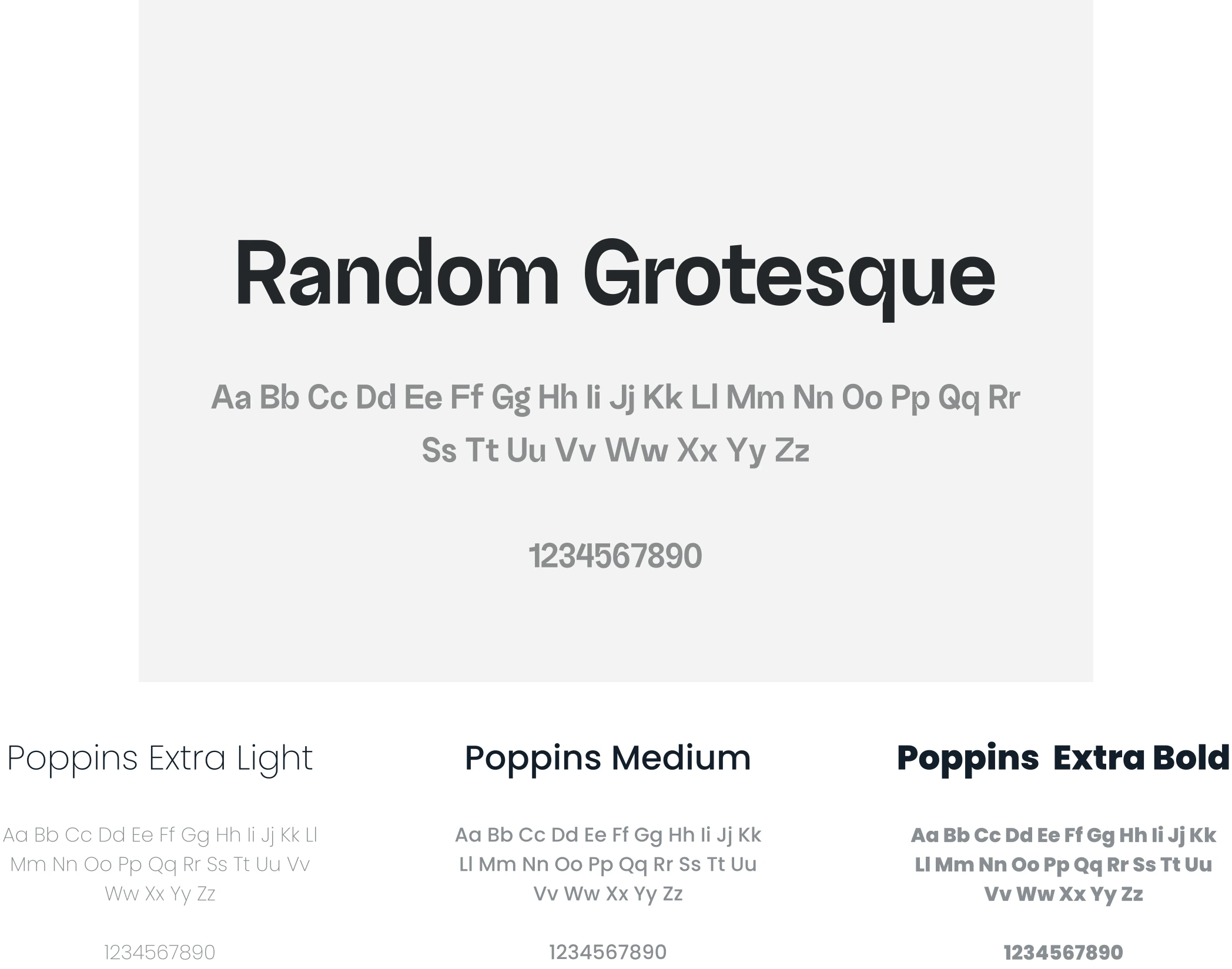 Typography specimen showing Random Grotesque headline type and Poppins body type at three weights