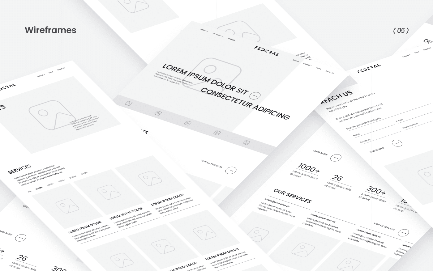 Wireframes for the Federal homepage, services page and projects page with placeholder imagery and a stats row