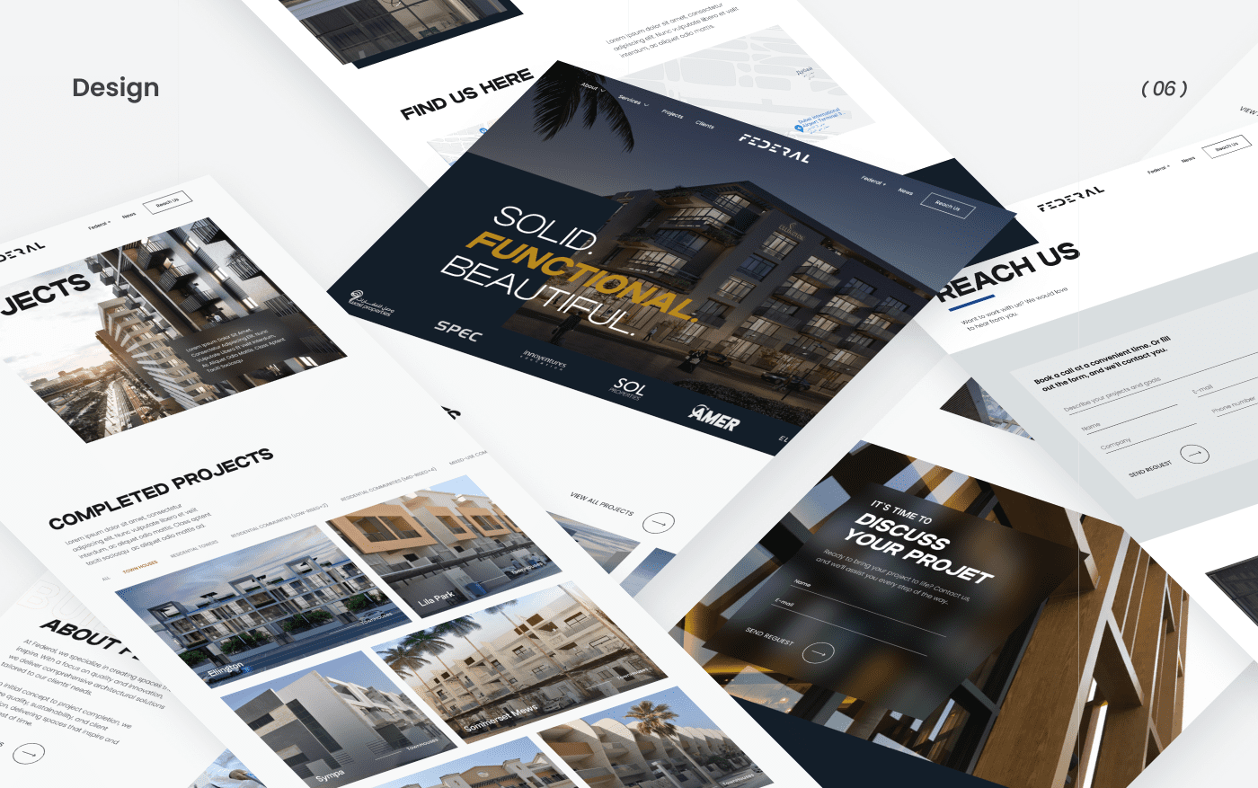 Wireframe next to the finished Federal homepage design, plus the Reach Us wireframe with map and contact form