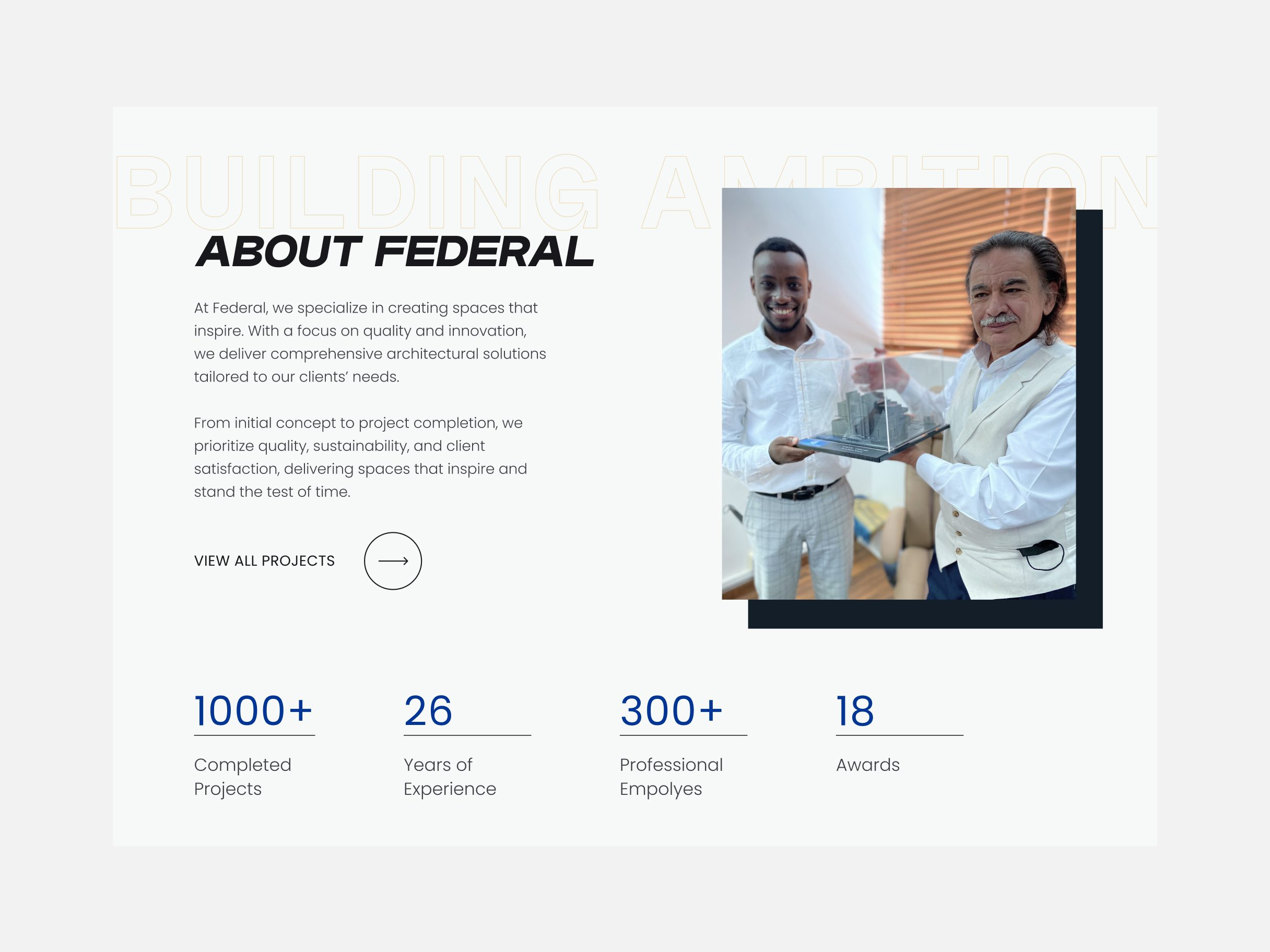 About Federal section of the homepage with a site photo and four statistics: completed projects, years of experience, employees and awards