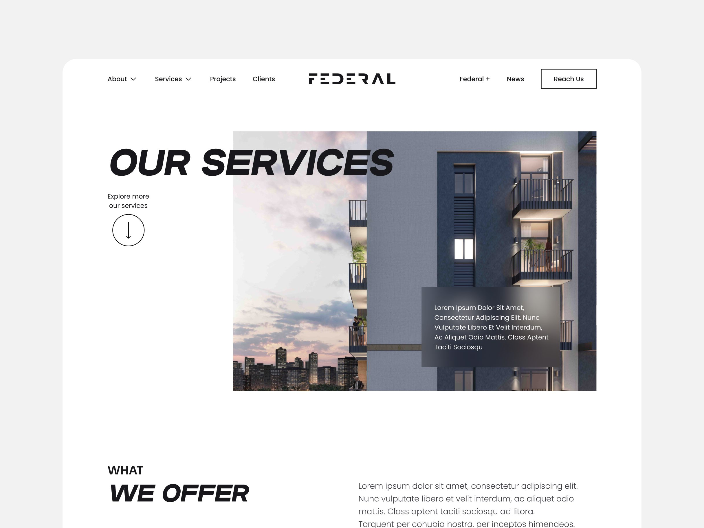 Federal Our Services page with a full-width building photo and service description blocks