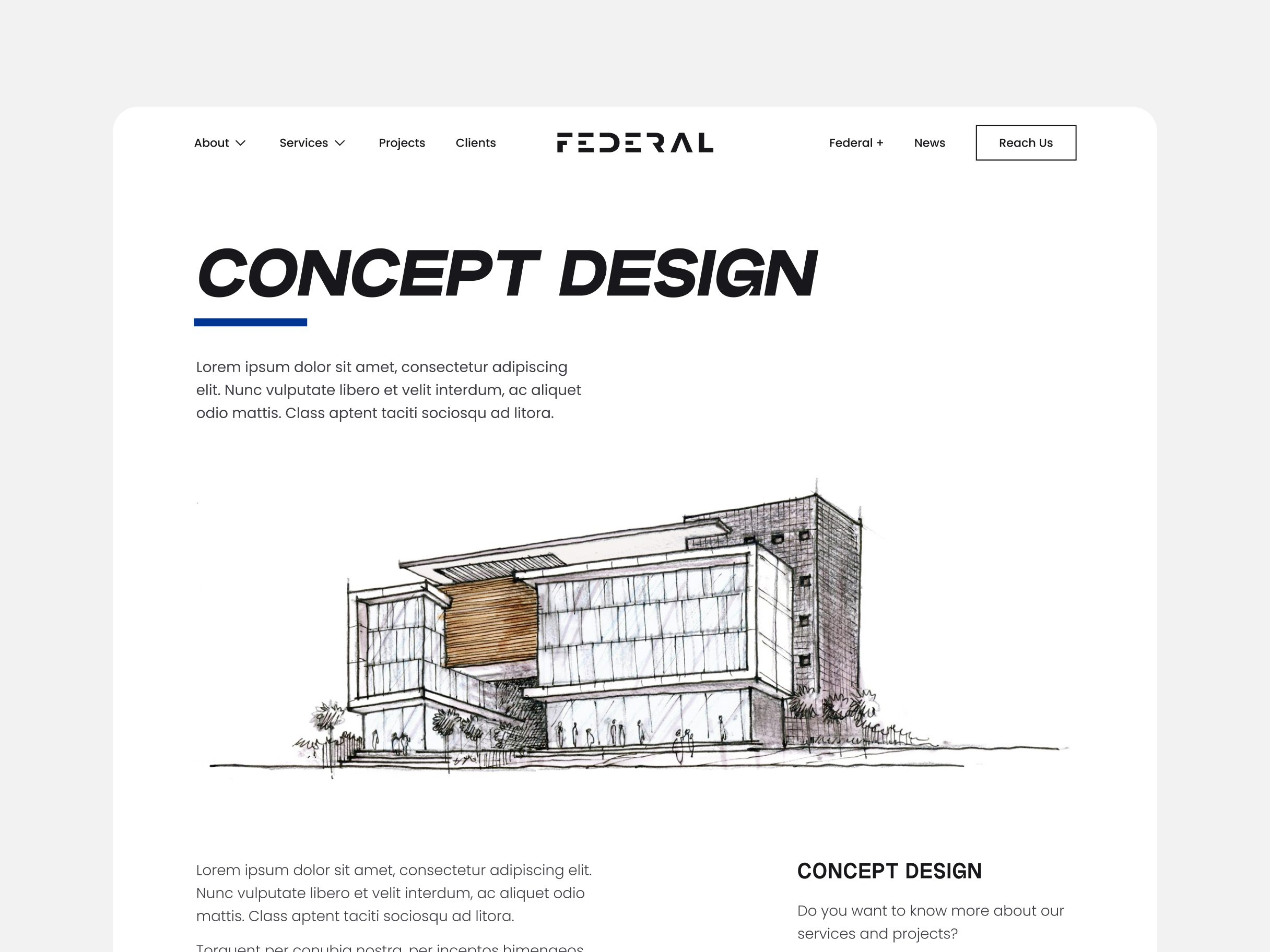 Federal's Concept Design page showing a hand-drawn architectural elevation sketch on a mostly white page