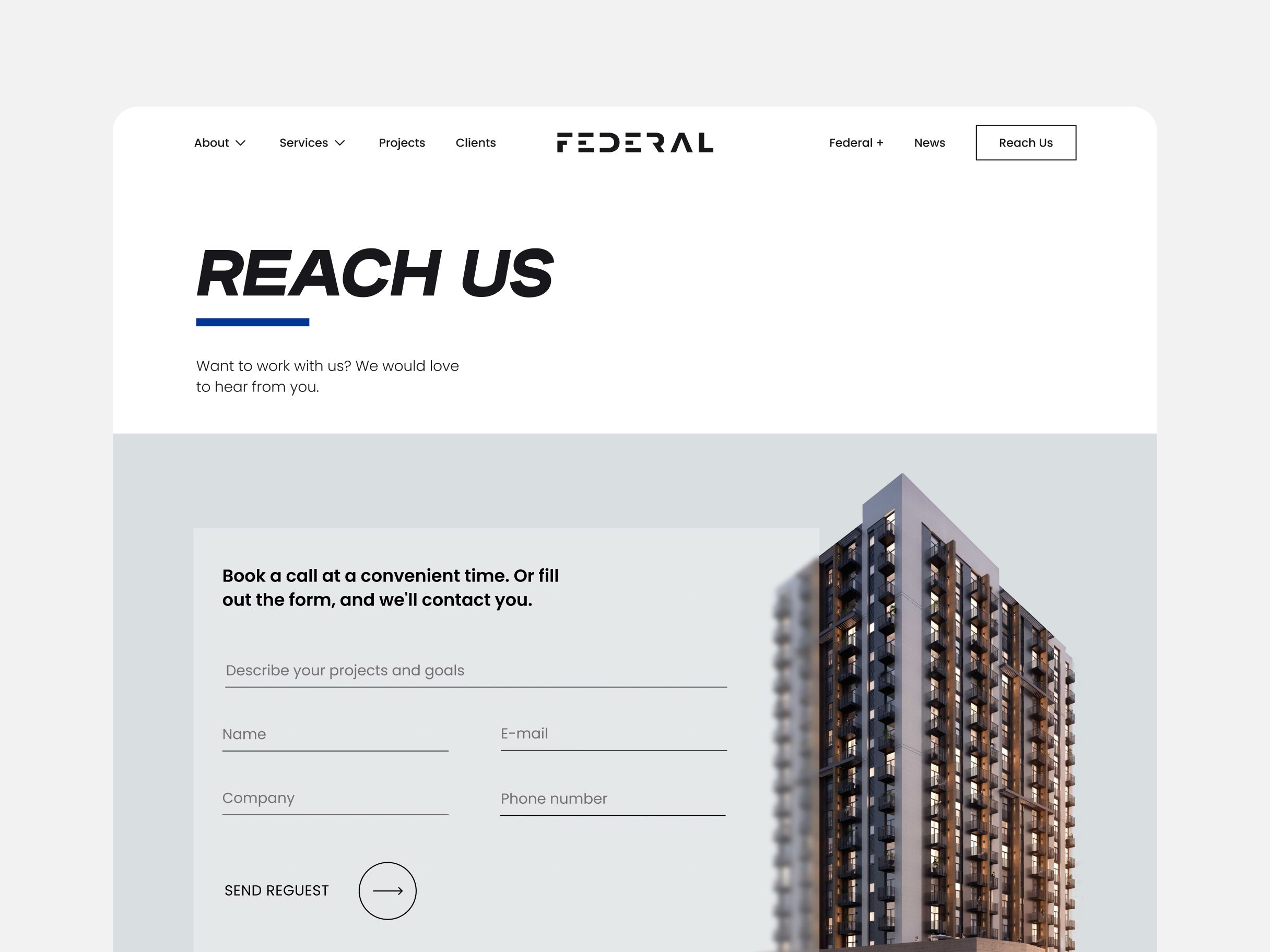 Federal Reach Us page with a contact form and a render of the Dubai office building