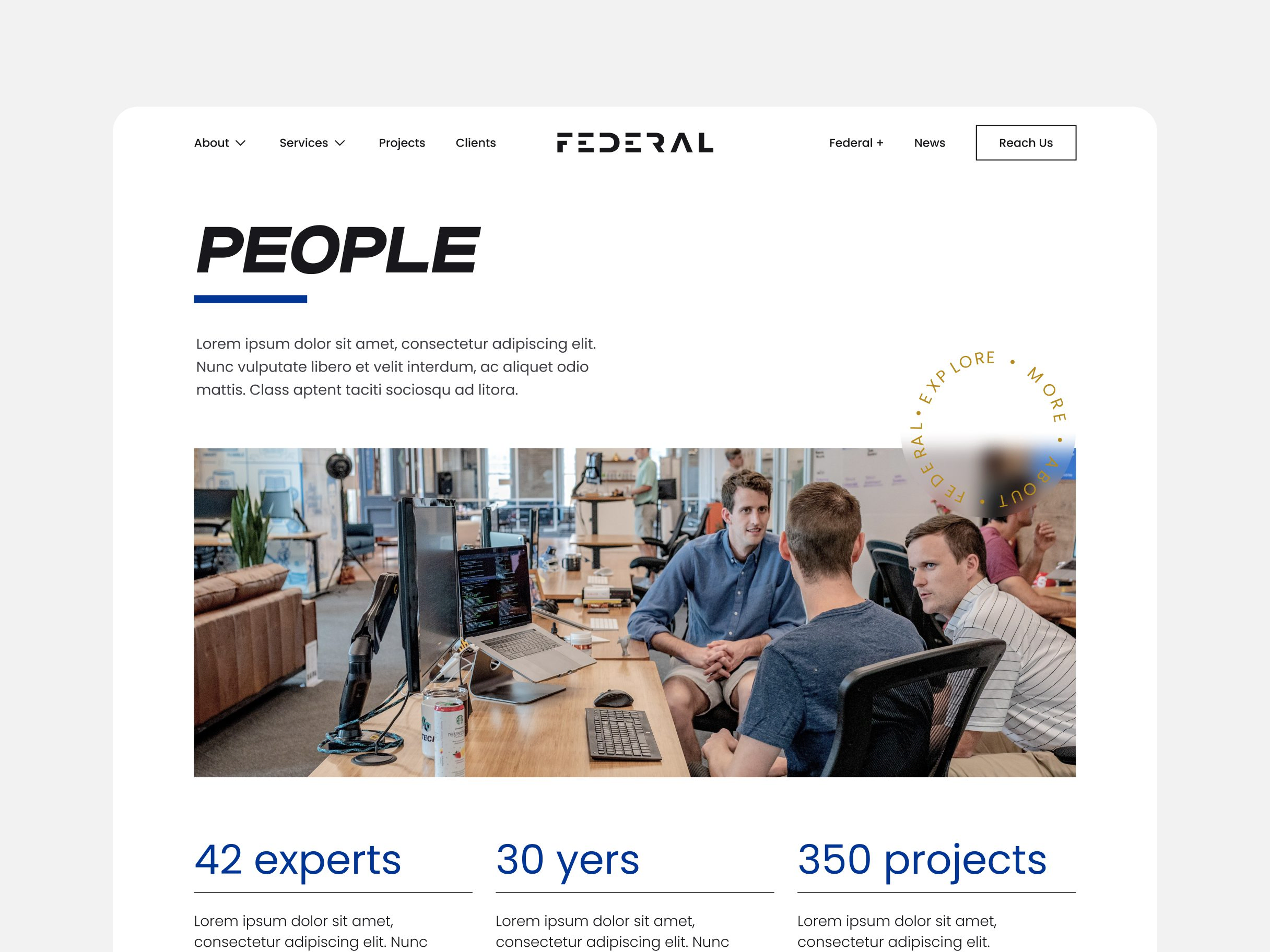 Federal People page, part of the About Federal section, with a team photo and headcount statistics