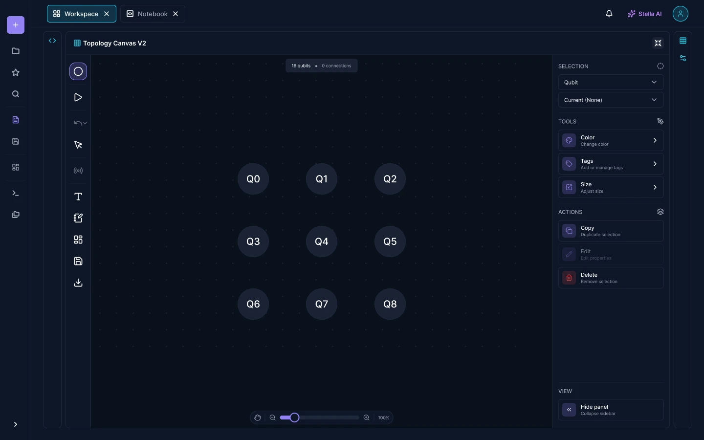 Topology canvas filling the screen with nine labelled qubits arranged in a grid, a drawing toolbar down the left edge and a selection panel on the right offering colour, tags, size, copy, edit and delete