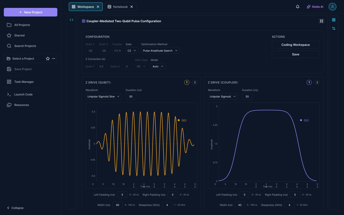 Coupler-mediated two-qubit pulse configuration with two qubits, a coupler, gate type, optimization method and a Z correction per qubit, above two side by side waveform charts: an oscillating sigmoid sine drive on the qubit and a flat-topped sigmoid on the coupler