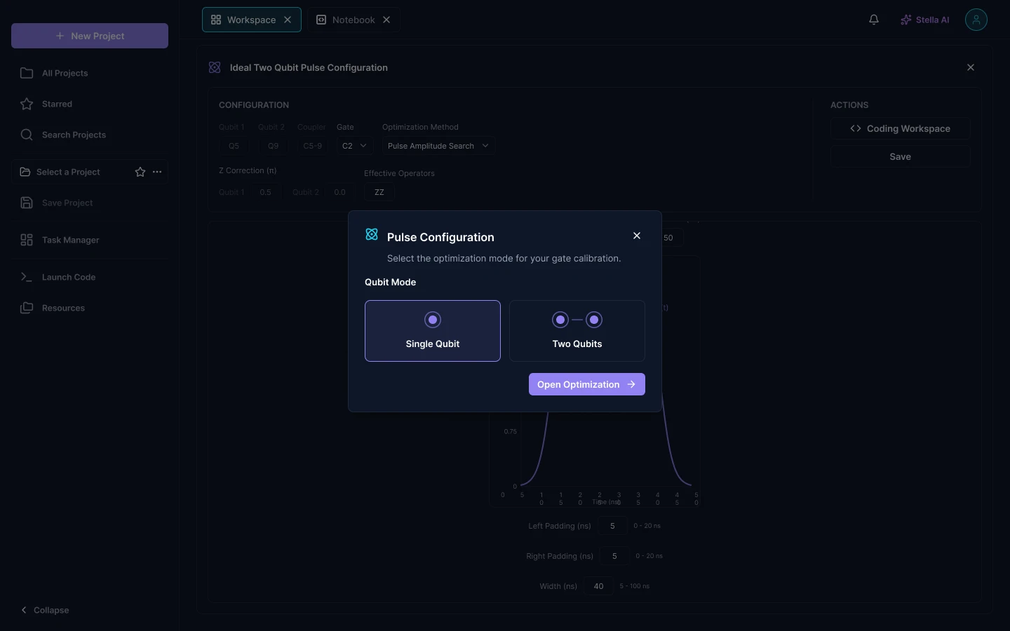 A small modal titled Pulse Configuration asking to select the optimization mode, offering two illustrated cards, Single Qubit and Two Qubits, with an Open Optimization button