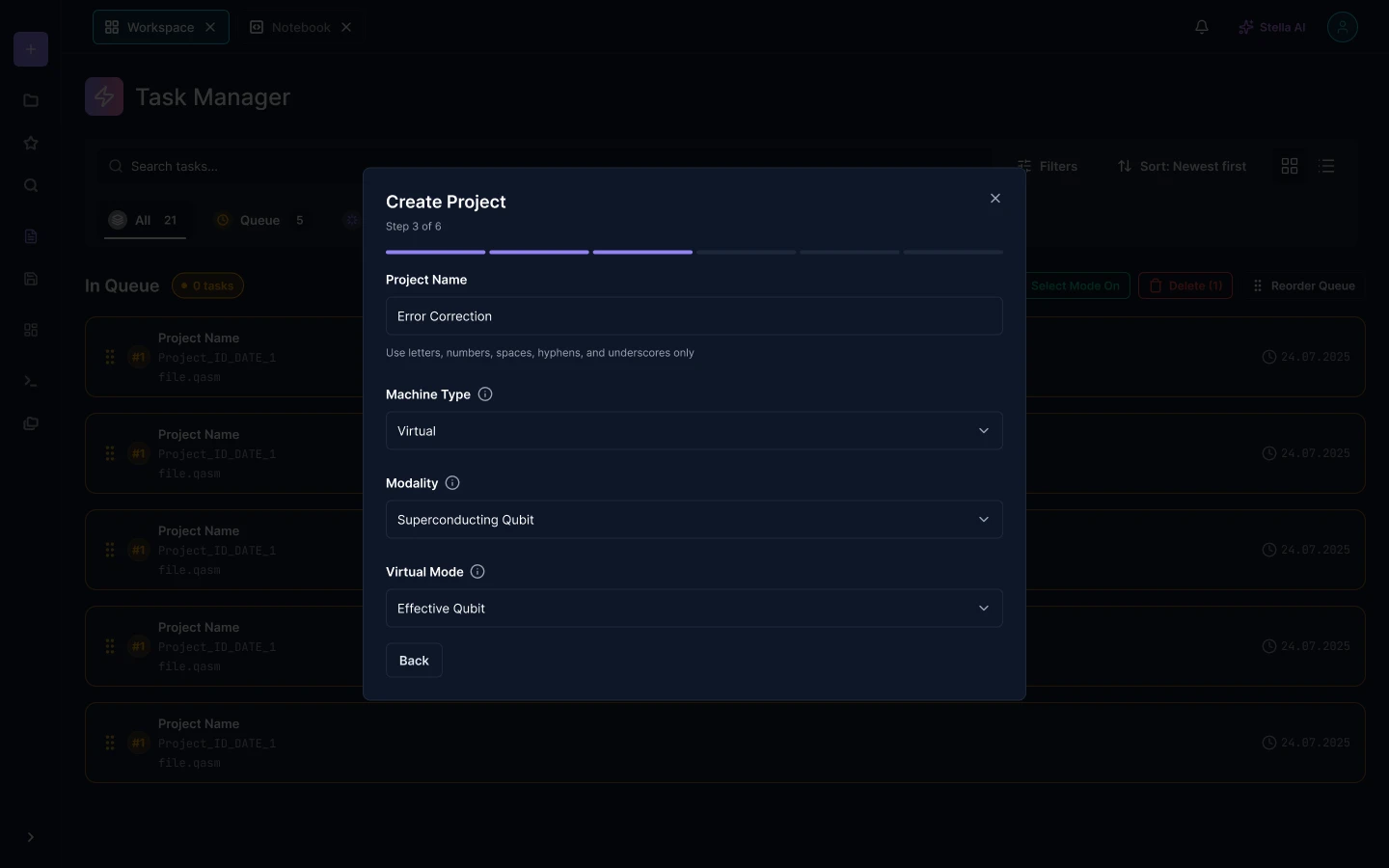 Create Project dialog on step three of six, with a project name field, and dropdowns for machine type set to Virtual, modality set to Superconducting Qubit and virtual mode set to Effective Qubit, each with an information icon