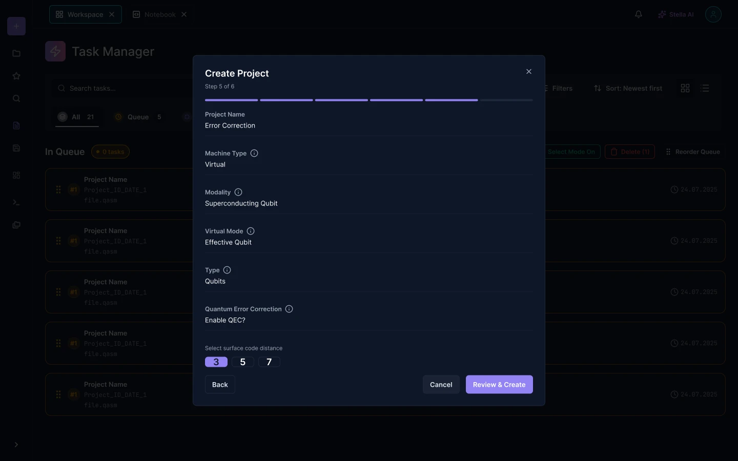 The final step of the Create Project dialog listing every answer back in one column - name, machine type, modality, virtual mode, type and quantum error correction - with surface code distance offered as three, five or seven