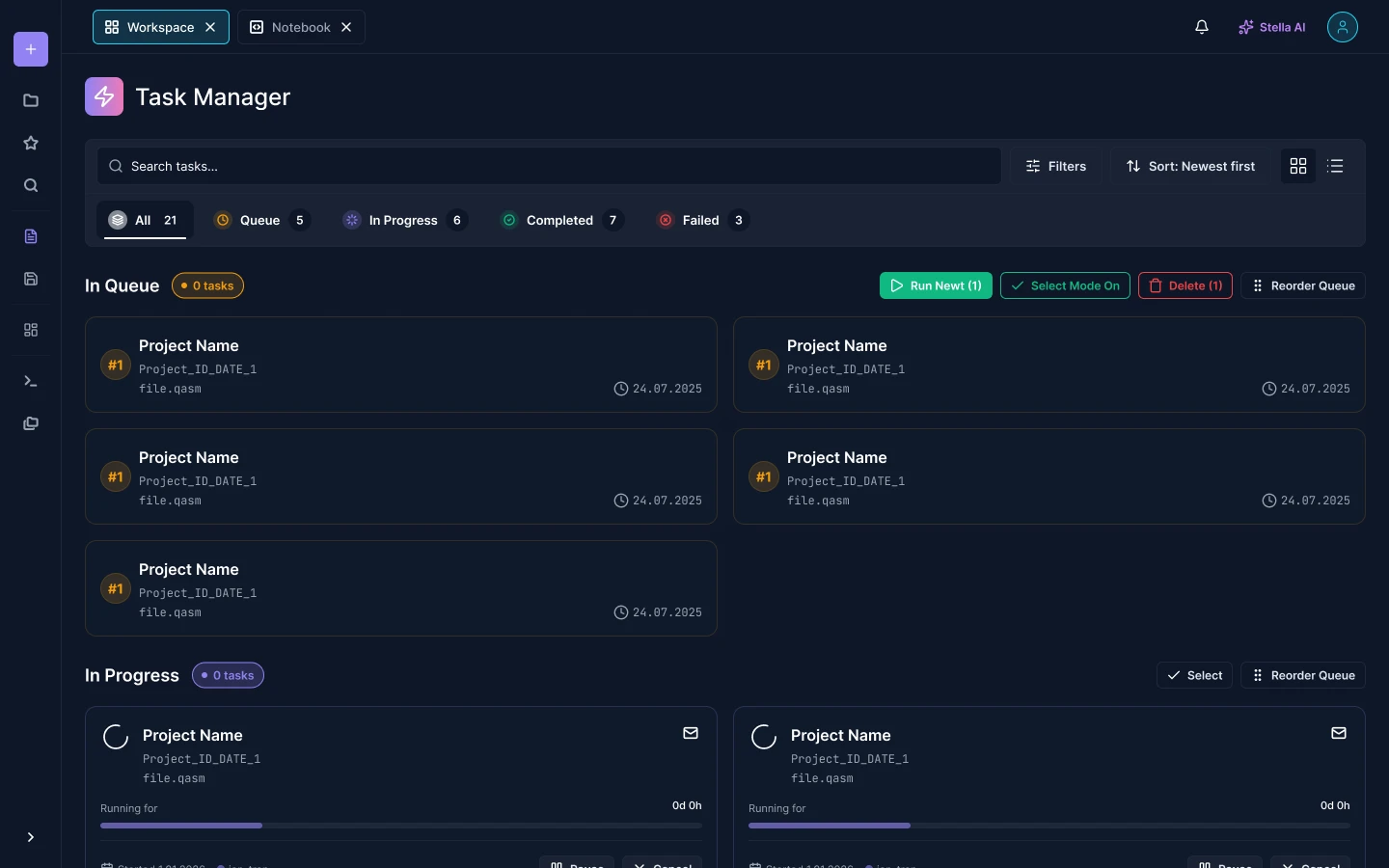 Task Manager showing counts for all, queue, in progress, completed and failed, a search field, filters for project, time, machine and provider, and a list of queued jobs each with a position number, file name and date