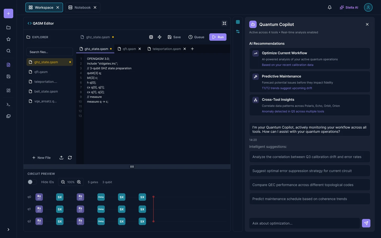 The workspace with an assistant panel docked at the right, listing recommendation cards for workflow optimization, predictive maintenance and cross-tool insights, above a set of suggested questions and a prompt field