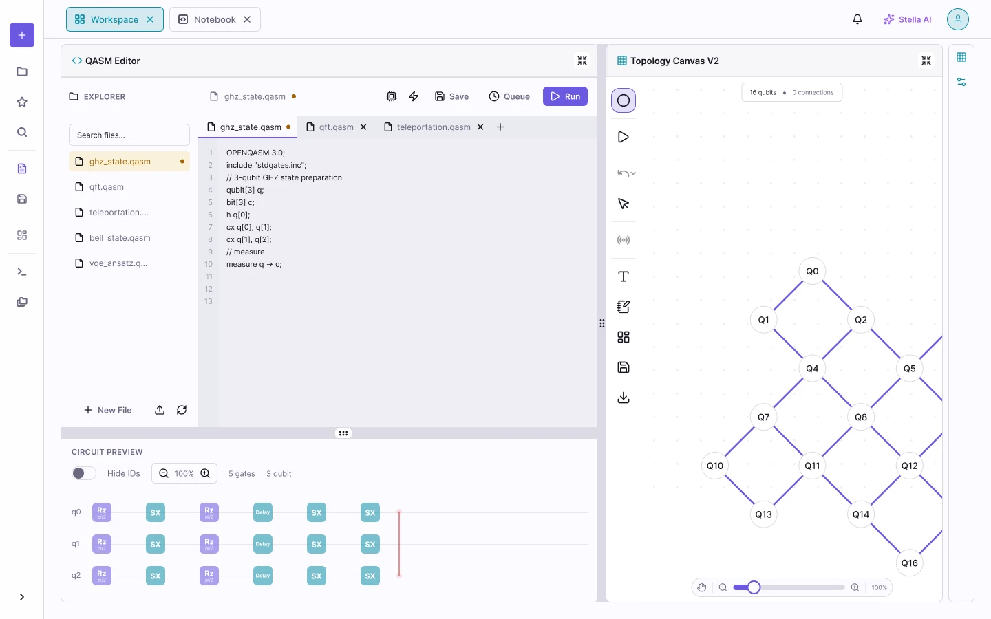 The same three panel workspace in the light theme, with the QASM editor, circuit preview and qubit topology lattice all rendered on white