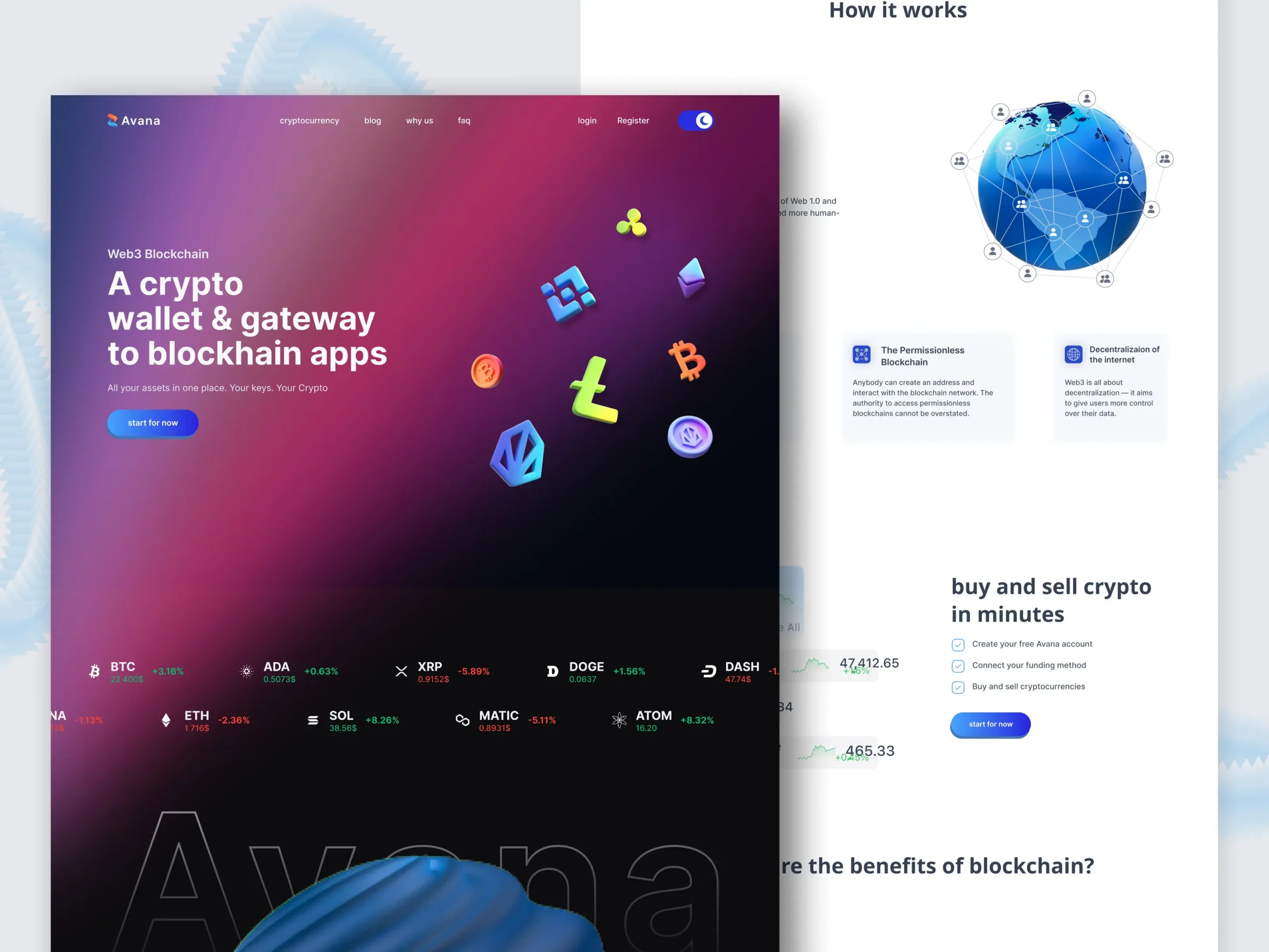 Avana home page showing a Web3 wallet headline, a live ticker of coin prices including BTC, ETH and SOL, and a light/dark theme toggle, next to a 'how it works' section explaining blockchain to newcomers