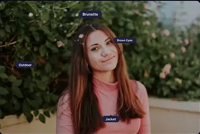 A generated portrait with AI-detected attribute tags overlaid: Brunette, Brown Eyes, Outdoor, Jacket