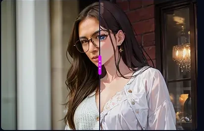 Style transfer shown as a before/after split down the middle of a portrait photo