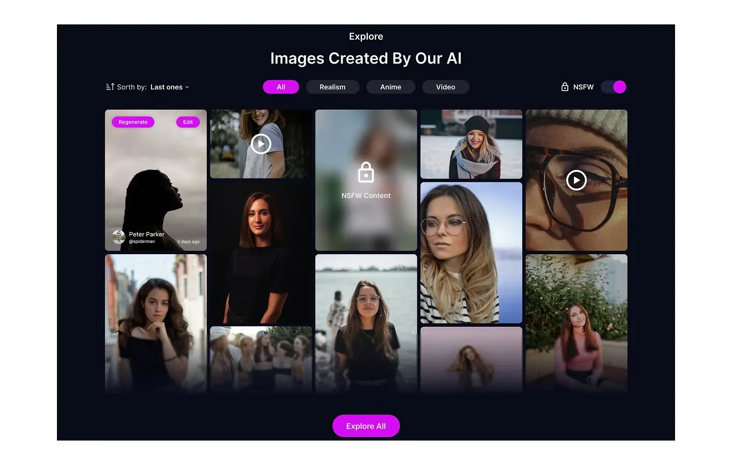 Explore feed of AI-generated images, with Regenerate and Edit actions on a selected image and an NSFW content gate on the grid