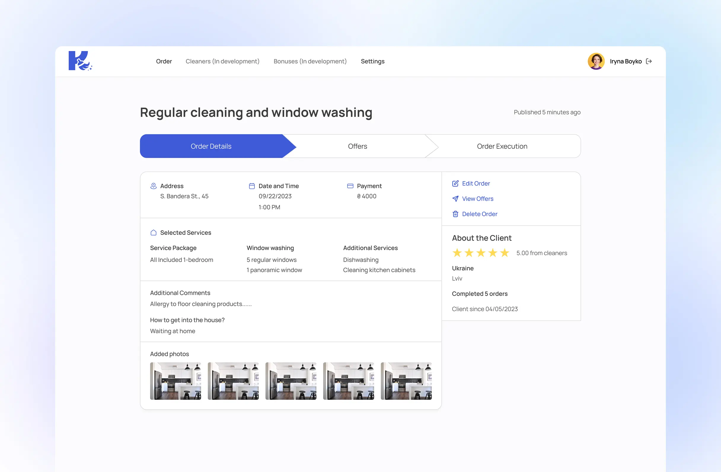 Order review screen showing address, date and time, payment, selected services, additional comments, and photos added by the client, with links to edit the order, view offers or delete it
