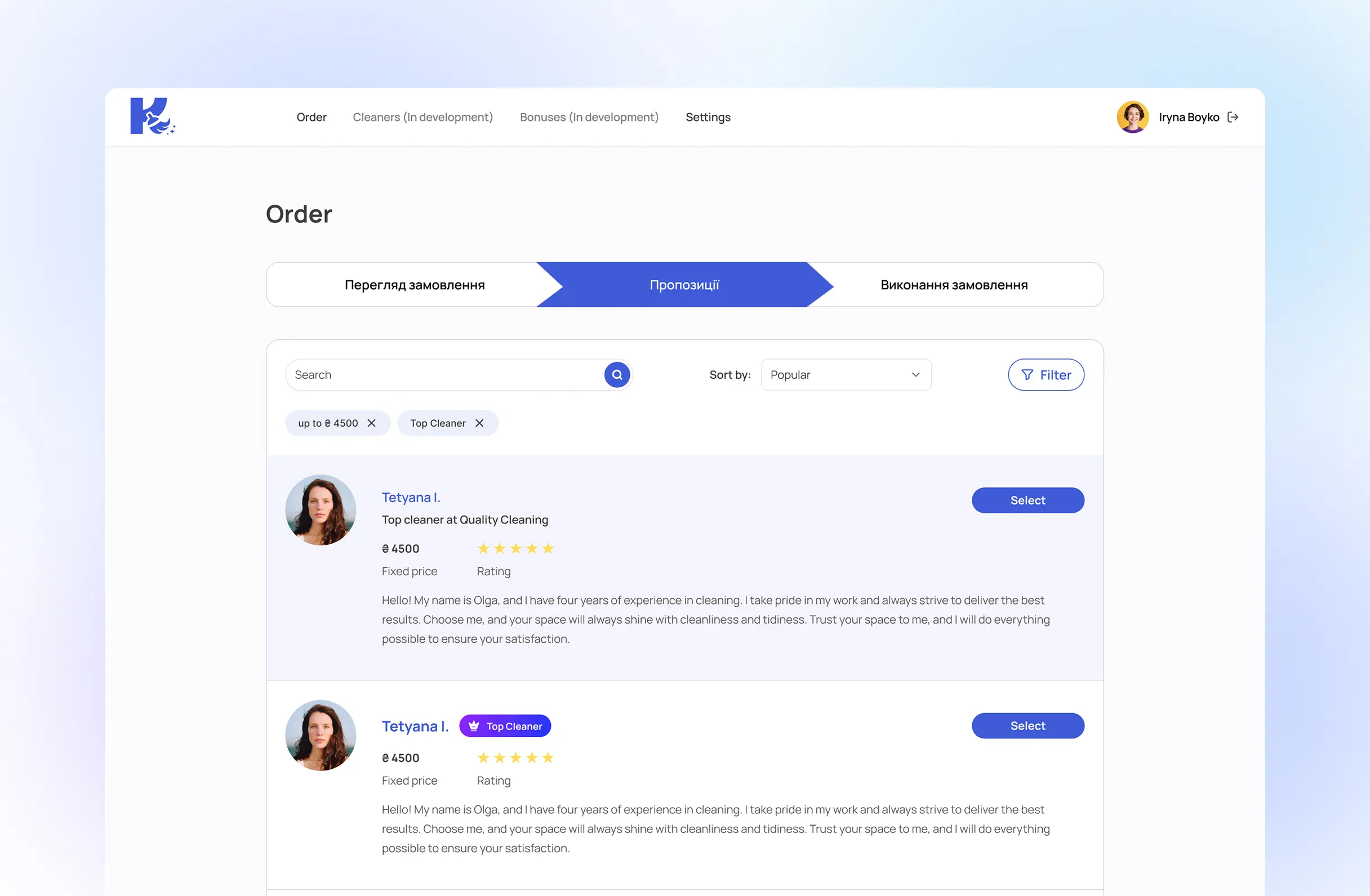 List of cleaner applications for one order, each with a profile photo, star rating, fixed price and a personal note explaining their experience, one marked Top Cleaner