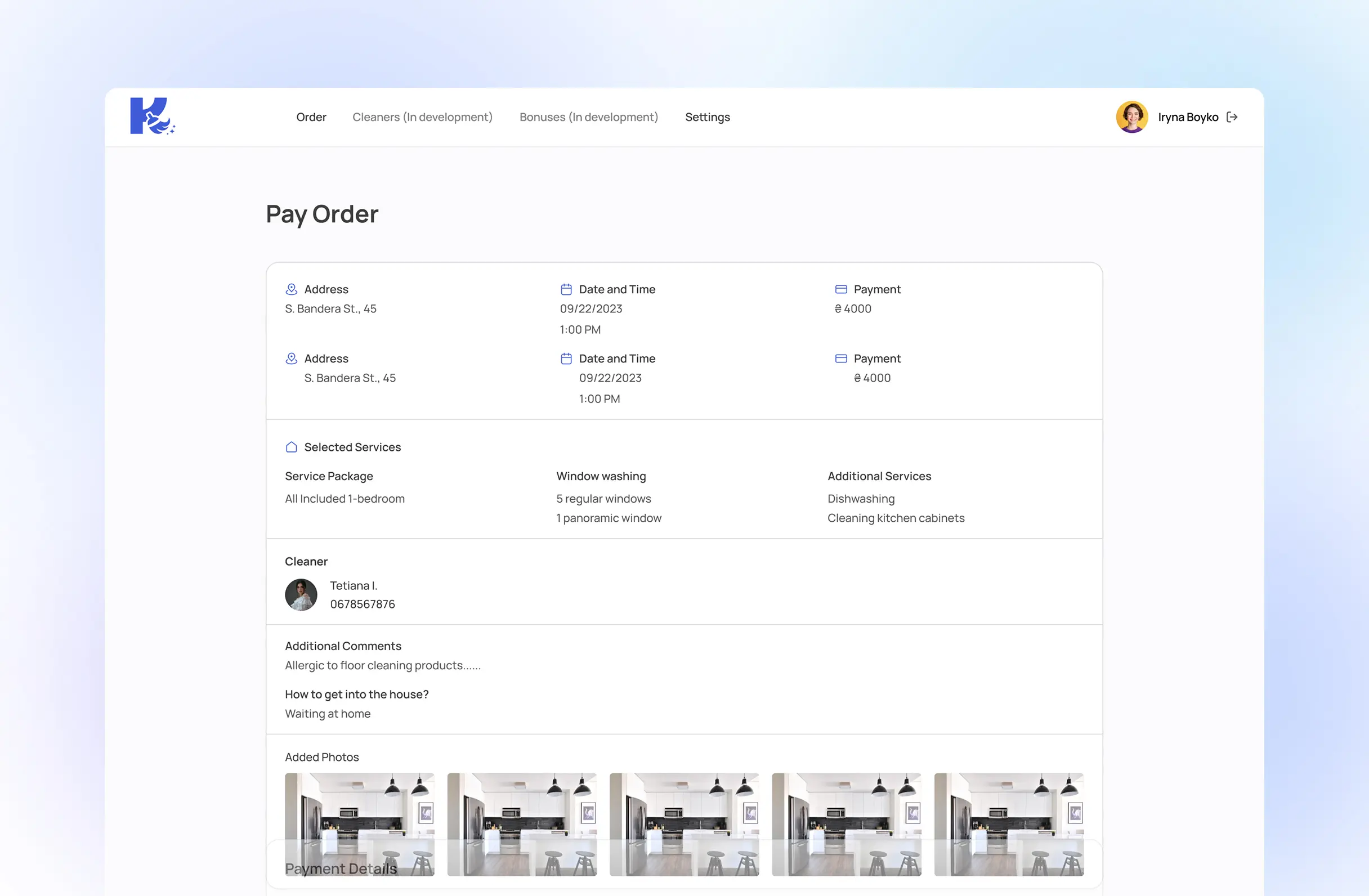 Pay Order screen summarizing address, date, payment amount, selected services, the chosen cleaner's name and phone number, and the client's added photos