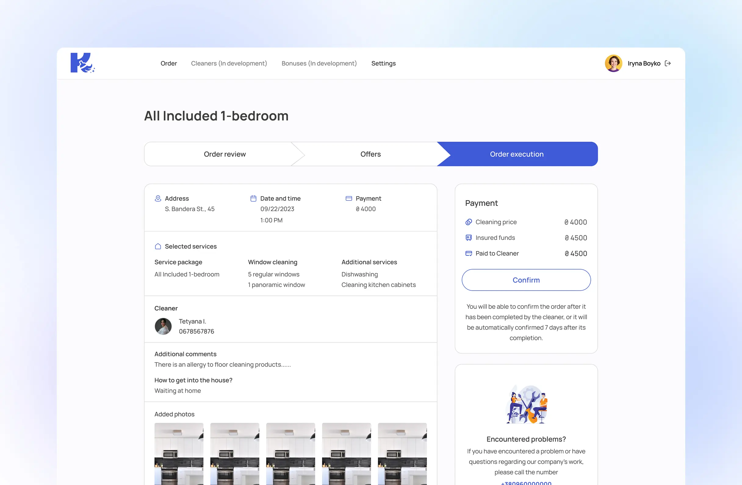 Order execution screen with a payment breakdown showing cleaning price, insured funds and amount paid to the cleaner, a Confirm button, and a note that the order auto-confirms after seven days