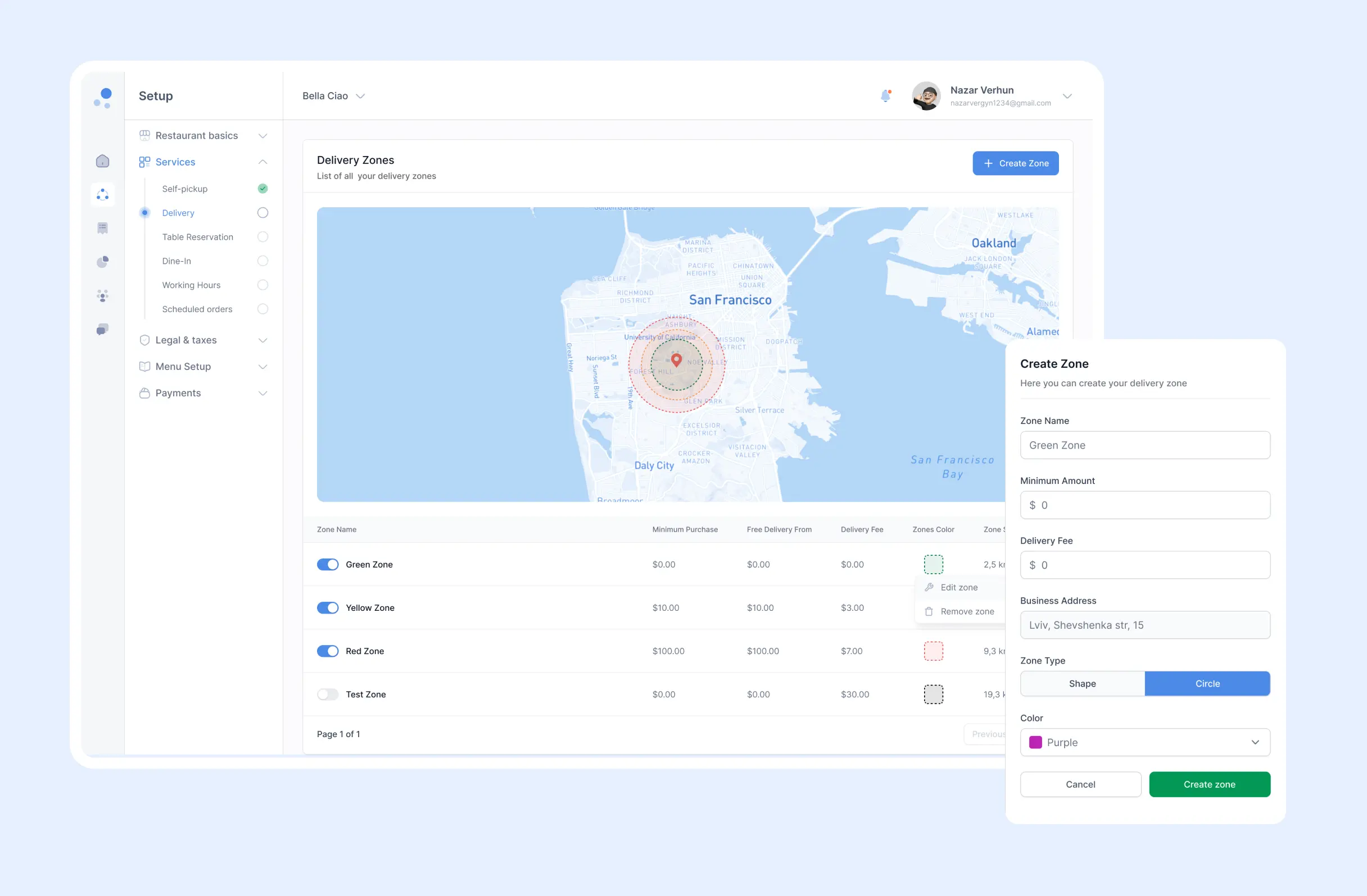 Delivery Zones setup screen with a colored radius map and a zone pricing form