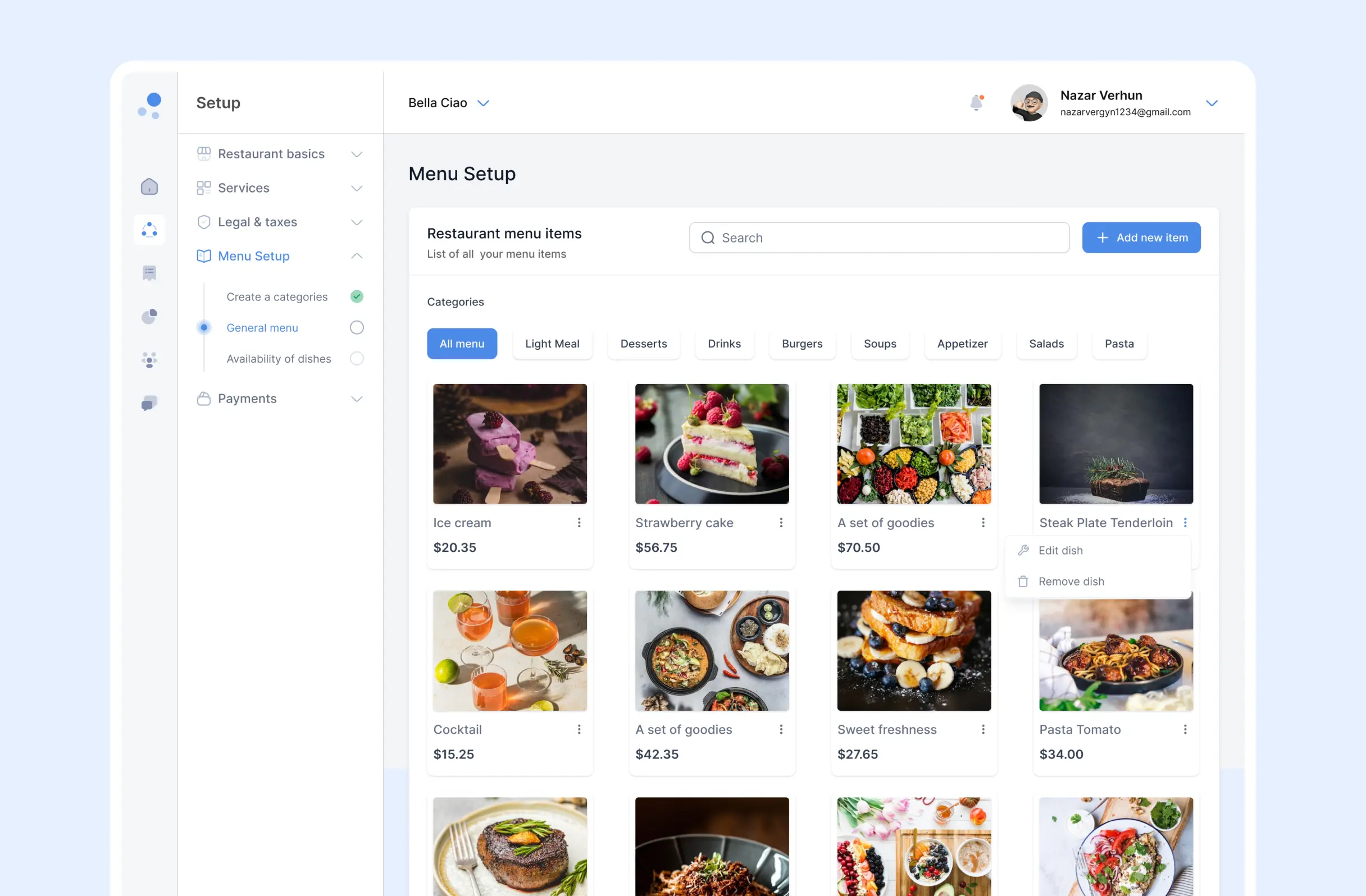 Menu Setup screen with dish photo cards, prices and category tabs