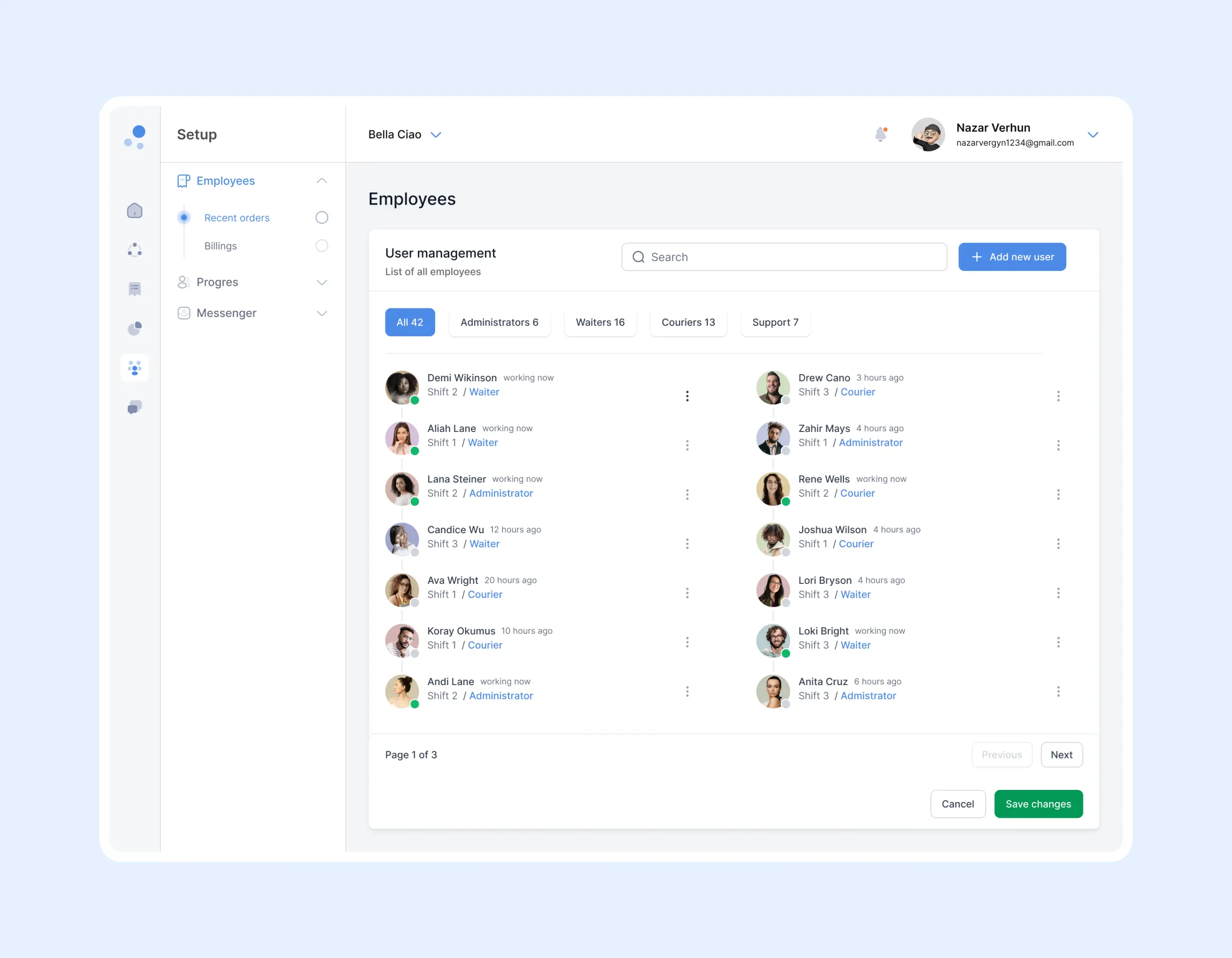 Employees screen listing staff with role, shift number and live working-now status