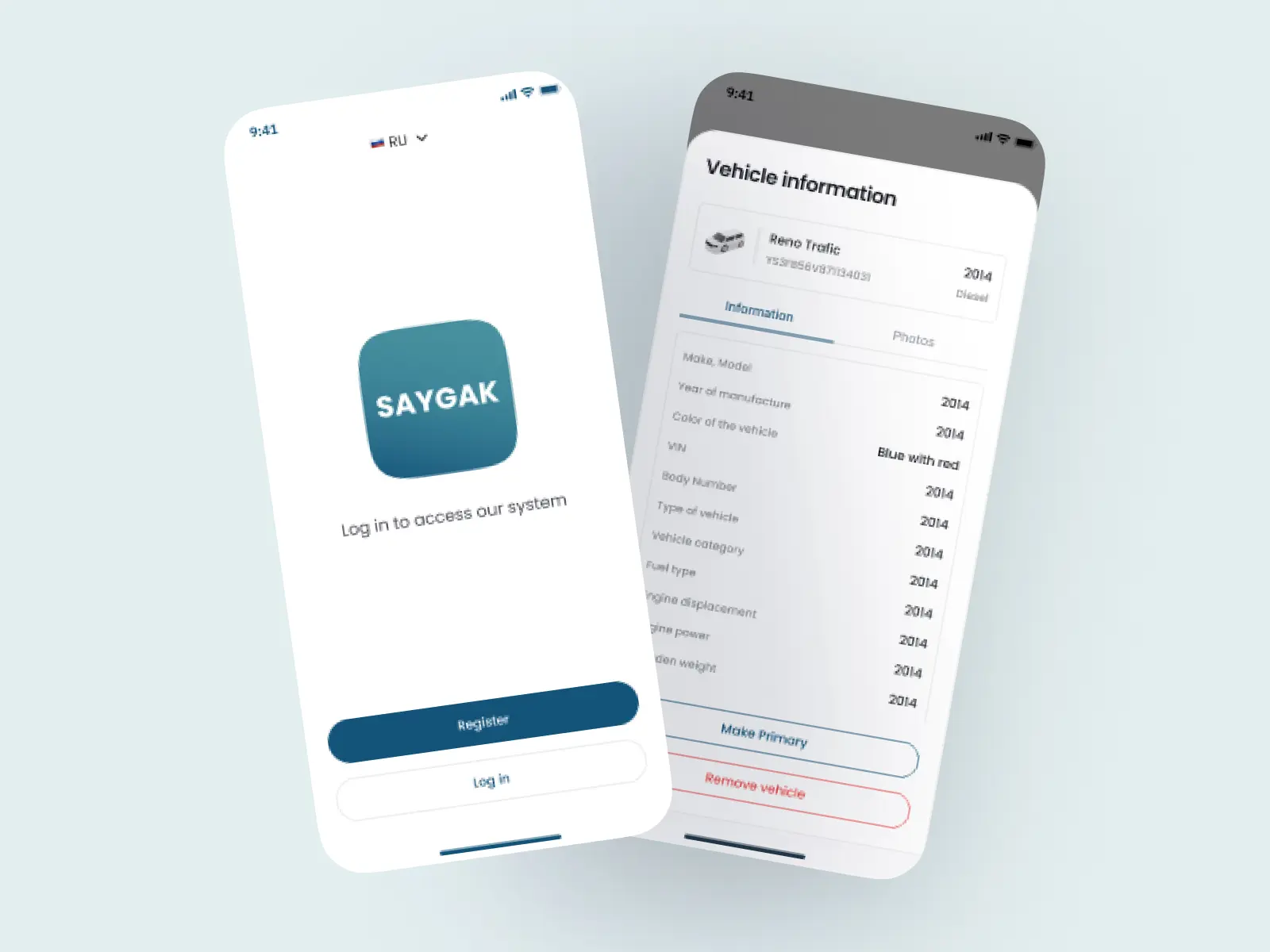 Saygak app login screen next to a vehicle information screen showing make, VIN and registration details