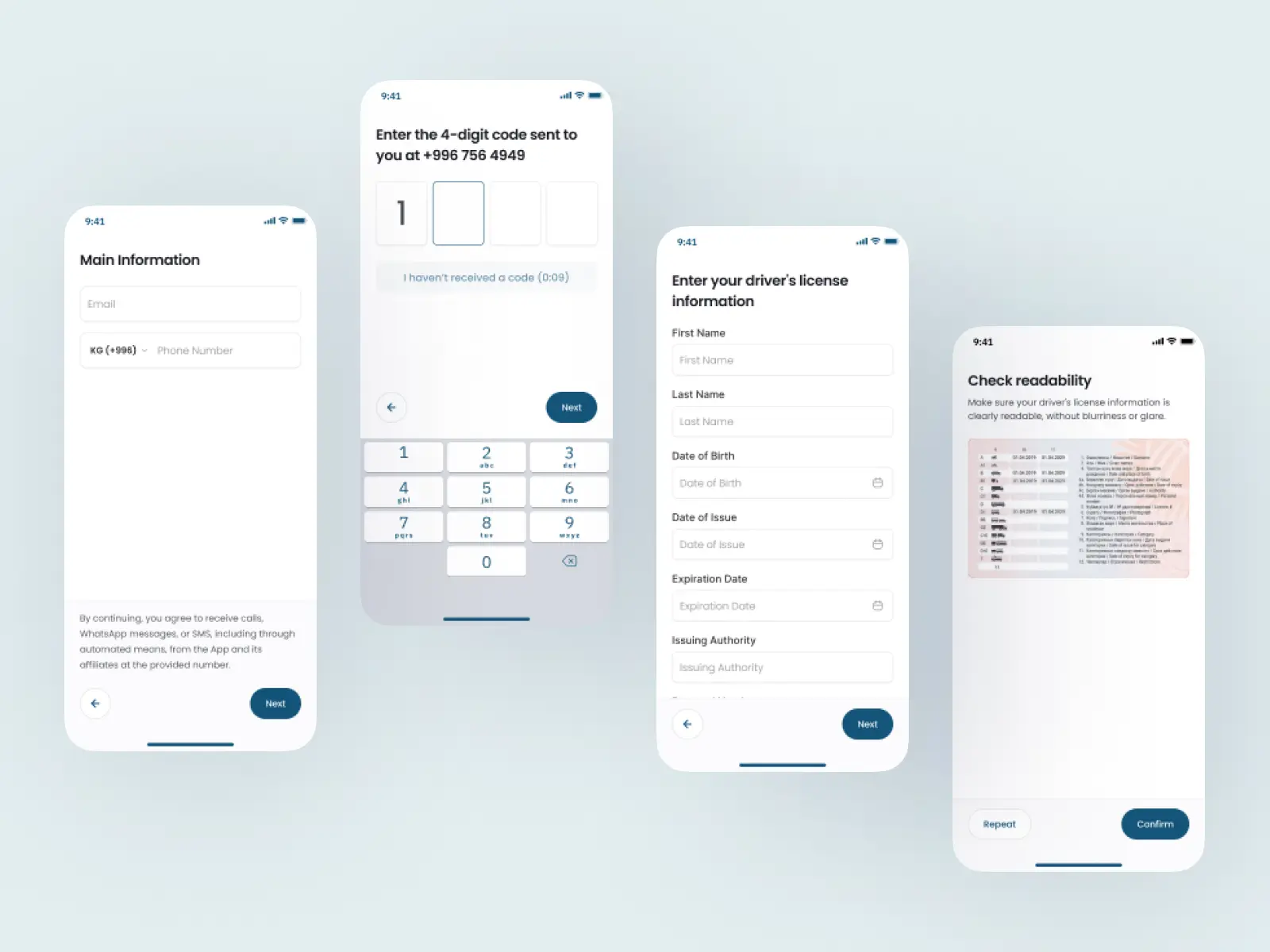 Registration flow: email and phone form, SMS code entry, driver's license details form, and a document readability check