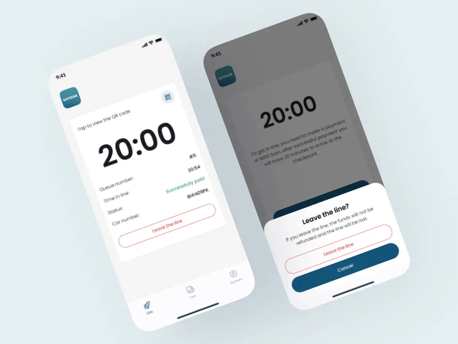 Queue screen showing a 20 minute countdown, queue number and QR code, next to a leave-the-line confirmation screen