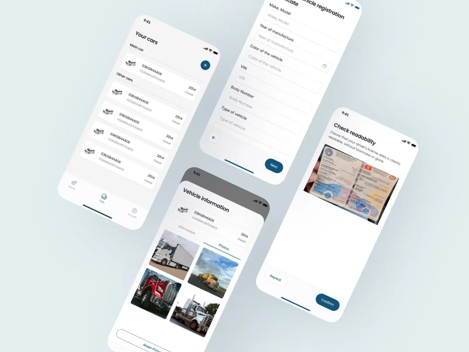 List of saved vehicles, a vehicle registration certificate form, saved photos of a vehicle, and a document readability check screen