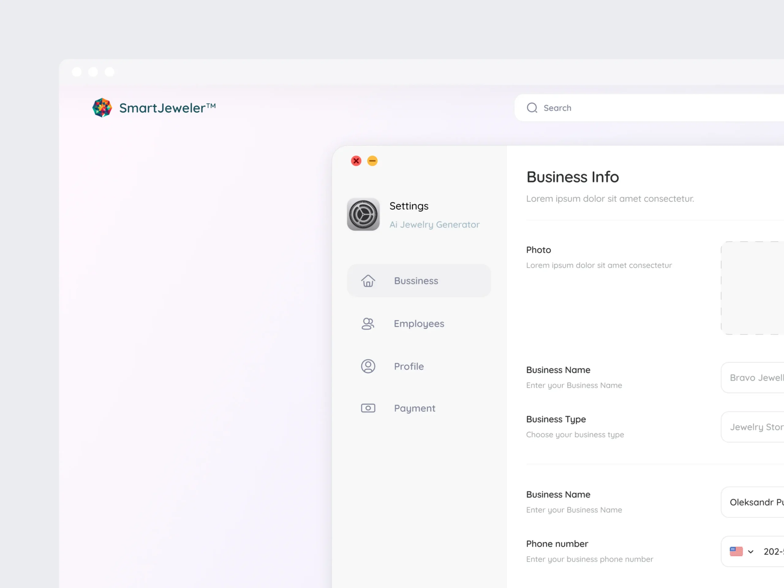 Business settings screen - brand info, business type, and account profile for the jeweler's account.