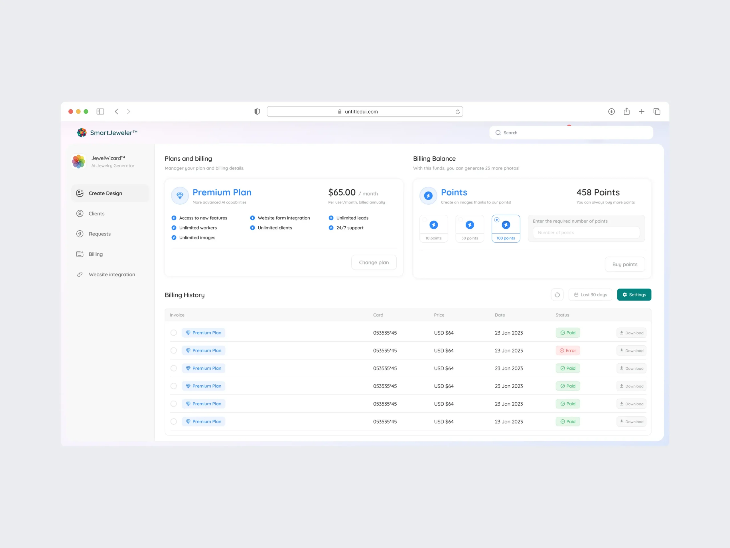 Plans and billing screen - subscription tier, points balance, and billing history.